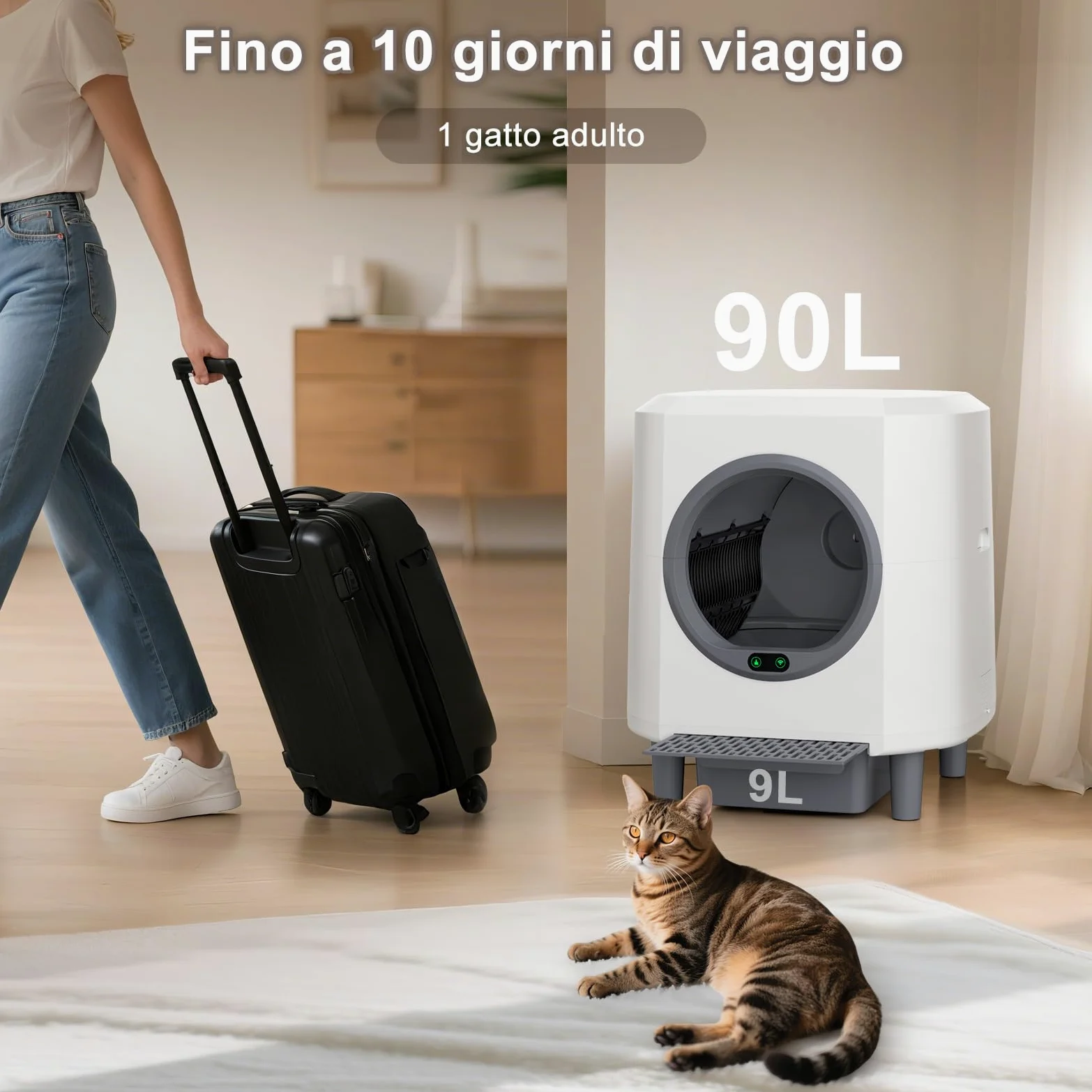 Lettiera Gatto Autopulente Silenziosa, Anti-Perdite/Schiacciamento/Odore, Lettiera Automatica Wifi per Gatti con APP, 90L Per Più Gatti, Svuotamento Con Un Solo Tasto, Facile da Pulire