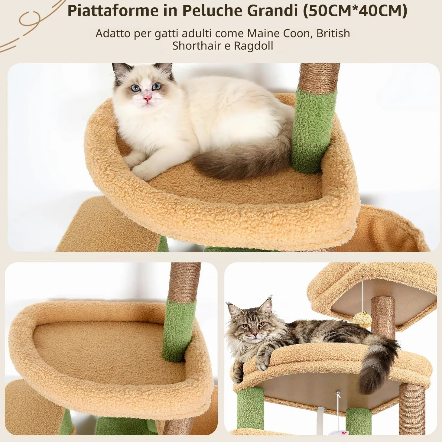 Globlazer Albero Tiragraffi per Gatti XXL 194 cm con 2 Grande Grotte, Immenso Amaca 50 * 40CM, Piattaforma Imbottiti, 2 Cestini, Trespoli, Enorme Cactus Tiragraffi per 3-5 Gatti Adulti (S76B, Verde)