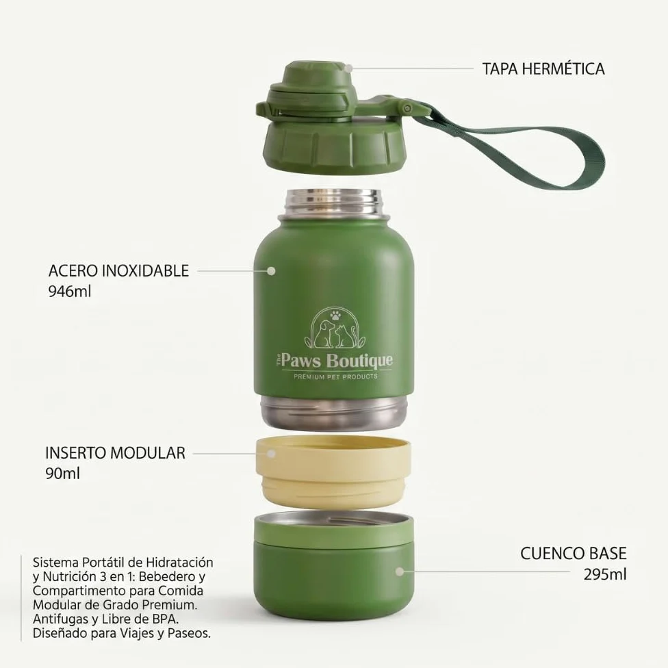Borraccia per cani 3 in 1: abbeveratoio portatile in acciaio inox 950 ml, scomparto per cibo e ciotola extra rimovibile, a prova di perdite, senza BPA, ideale per viaggi e passeggiate
