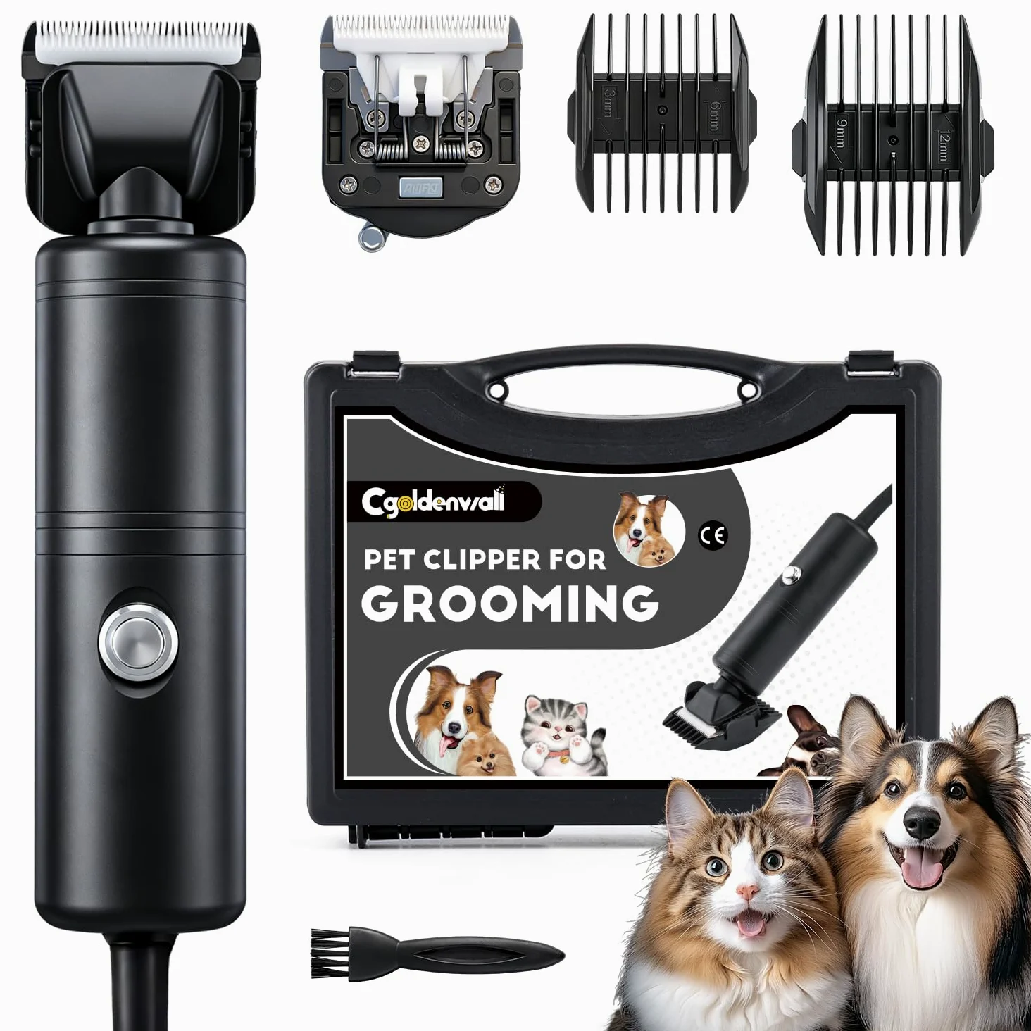 CGOLDENWALL 300W Tosatrice Professionale per Cani, Velocità Senza Passaggi 2000-6000RPM, <50dB Rumore Basso, Cavo 3m, 2 Lame Rimovibili, 2 Pettini (3/6mm,9/12mm) per Cane, Gatto & Tutti i Peli (Nero)