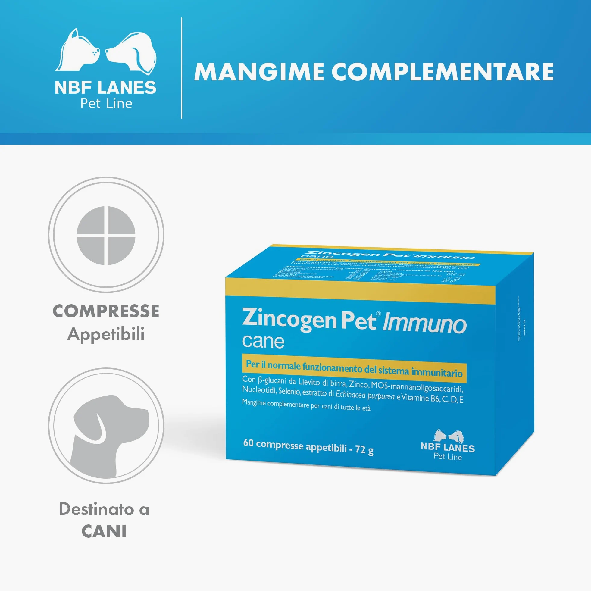 NBF Lanes | Zincogen Pet Immuno Cane, 60 Compresse Appetibili, per il Normale Funzionamento del Sistema Immunitario del Cane