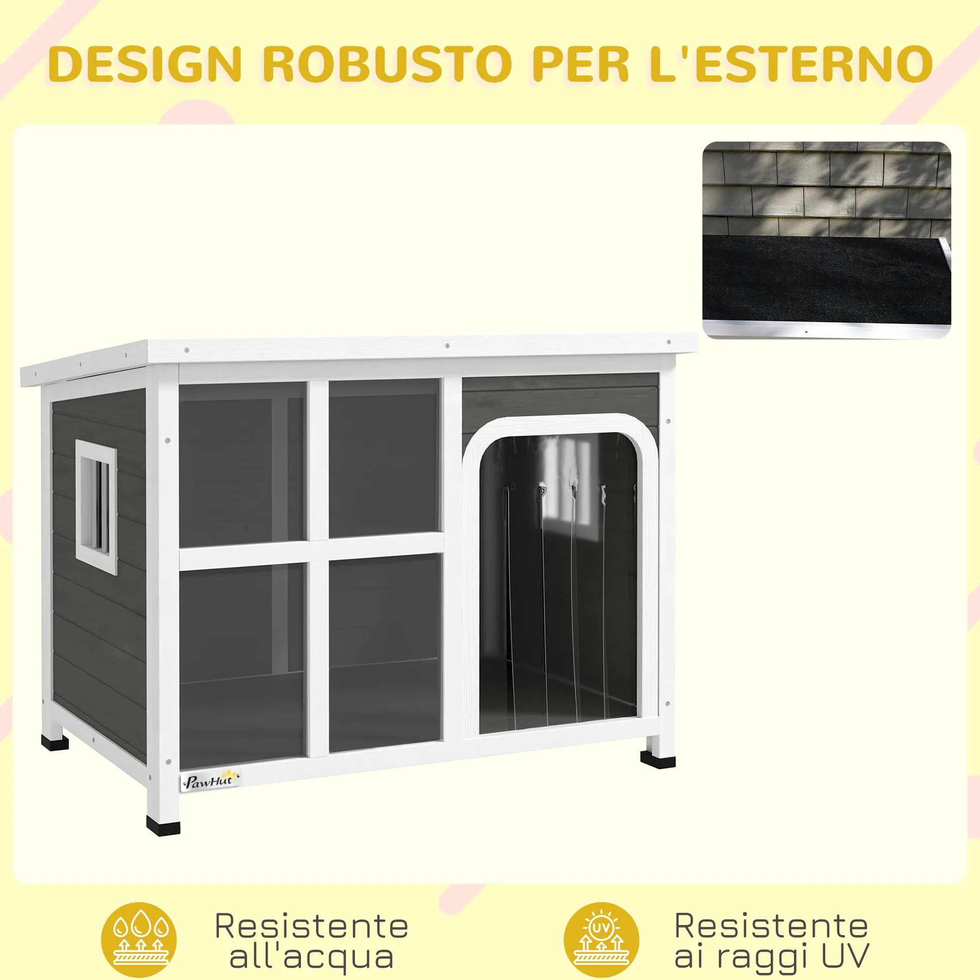 PawHut Casetta per Cani Taglia Piccola e Media con Finestrelle Laterali e Tendina da Ingresso, Cuccia per Cane da Esterno con Base Estraibile e Tettuccio Apribile, 90x62x71 cm, Grigio Chiaro