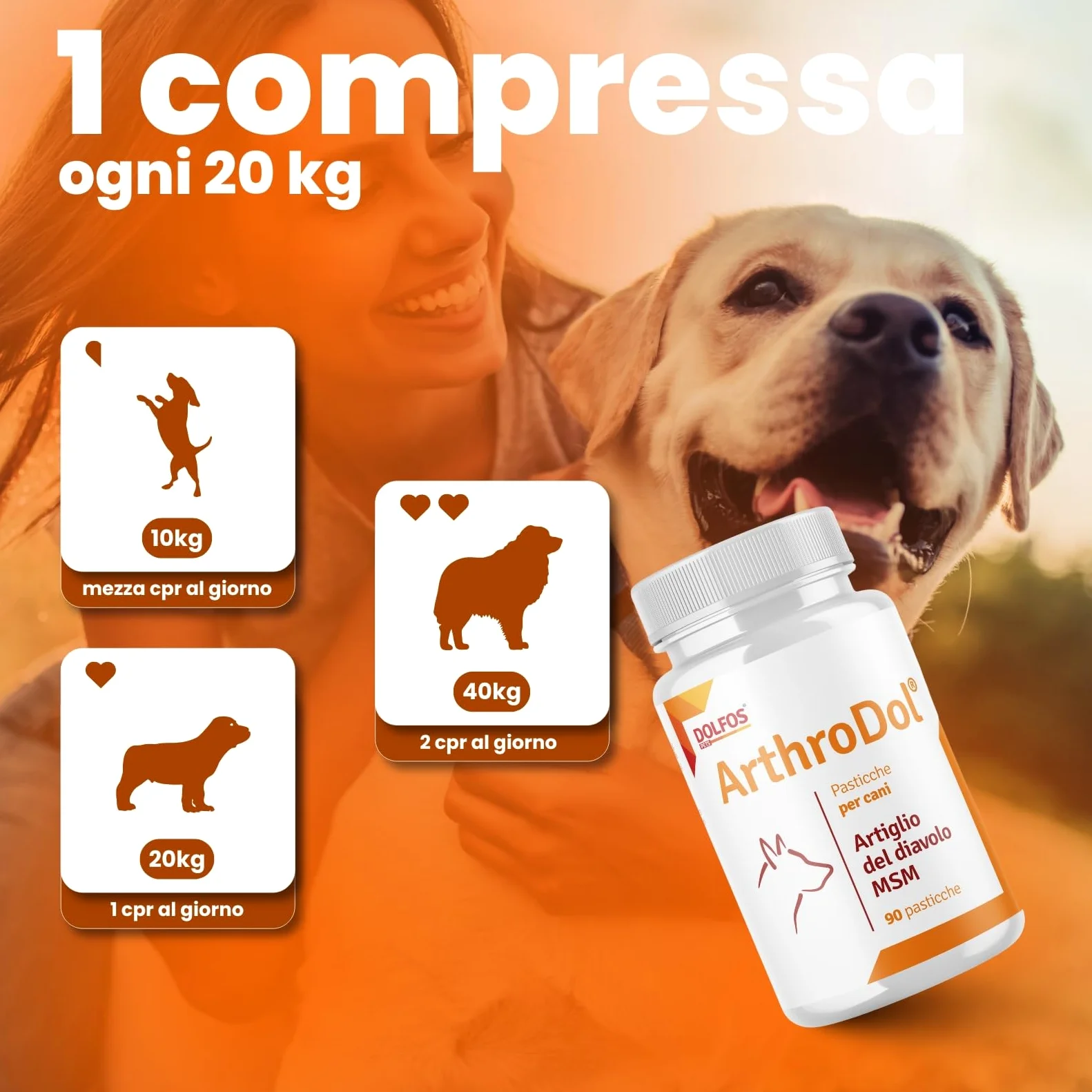Dolfos Pets ArthroDol Integratore Articolazioni Cane, Antinfiammatorio e Analgesico Favorisce la Mobilità dei Cani Anziani 100% Naturale 90 Compresse