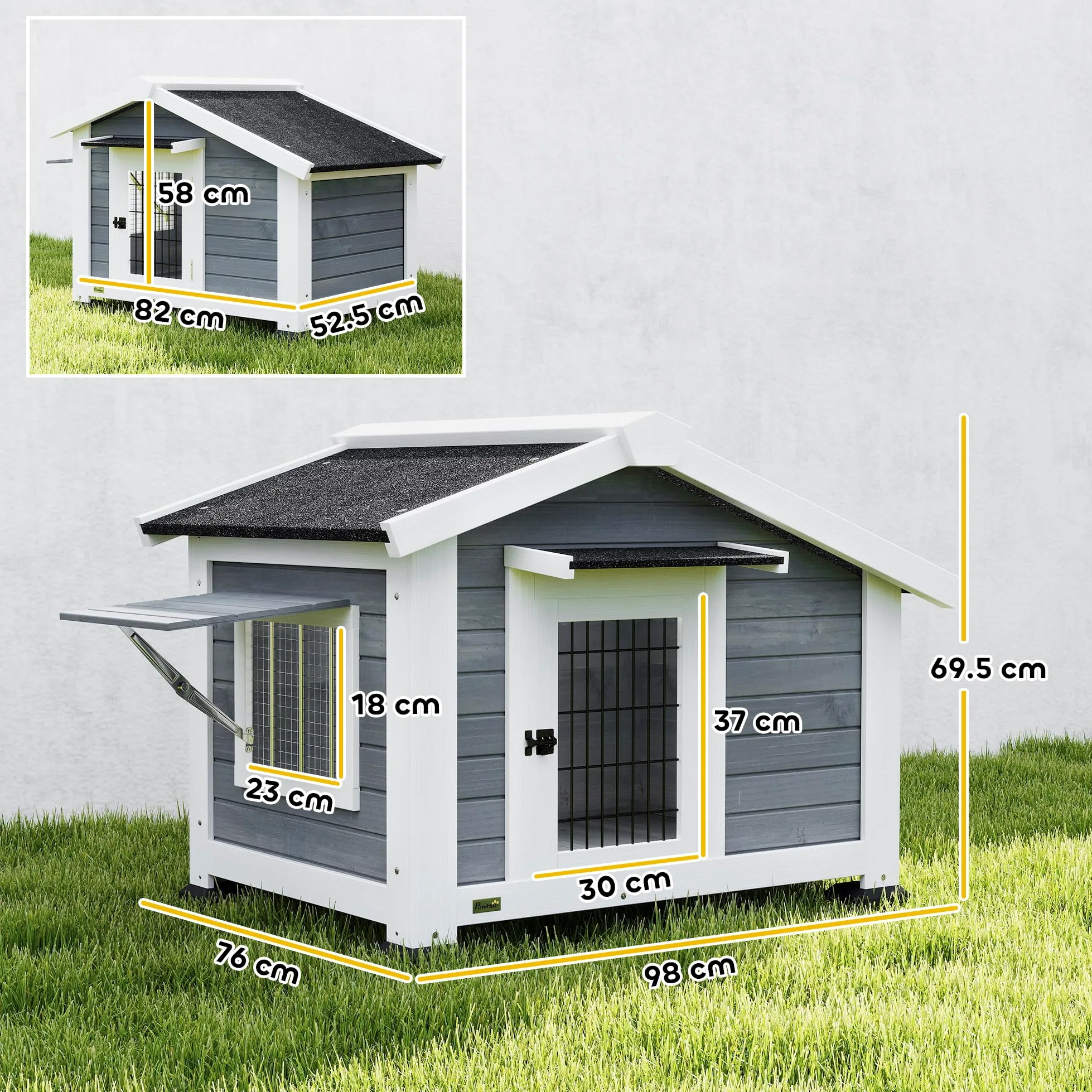 PawHut Cuccia per Cani da Esterno in Legno, Casetta per Cani Rialzato con Tetto Spiovente Impermeabile, Finestra Apribile, Facile Pulizia, Porta Ventilata, per Cani Piccola Media, 98x76x69.5cm