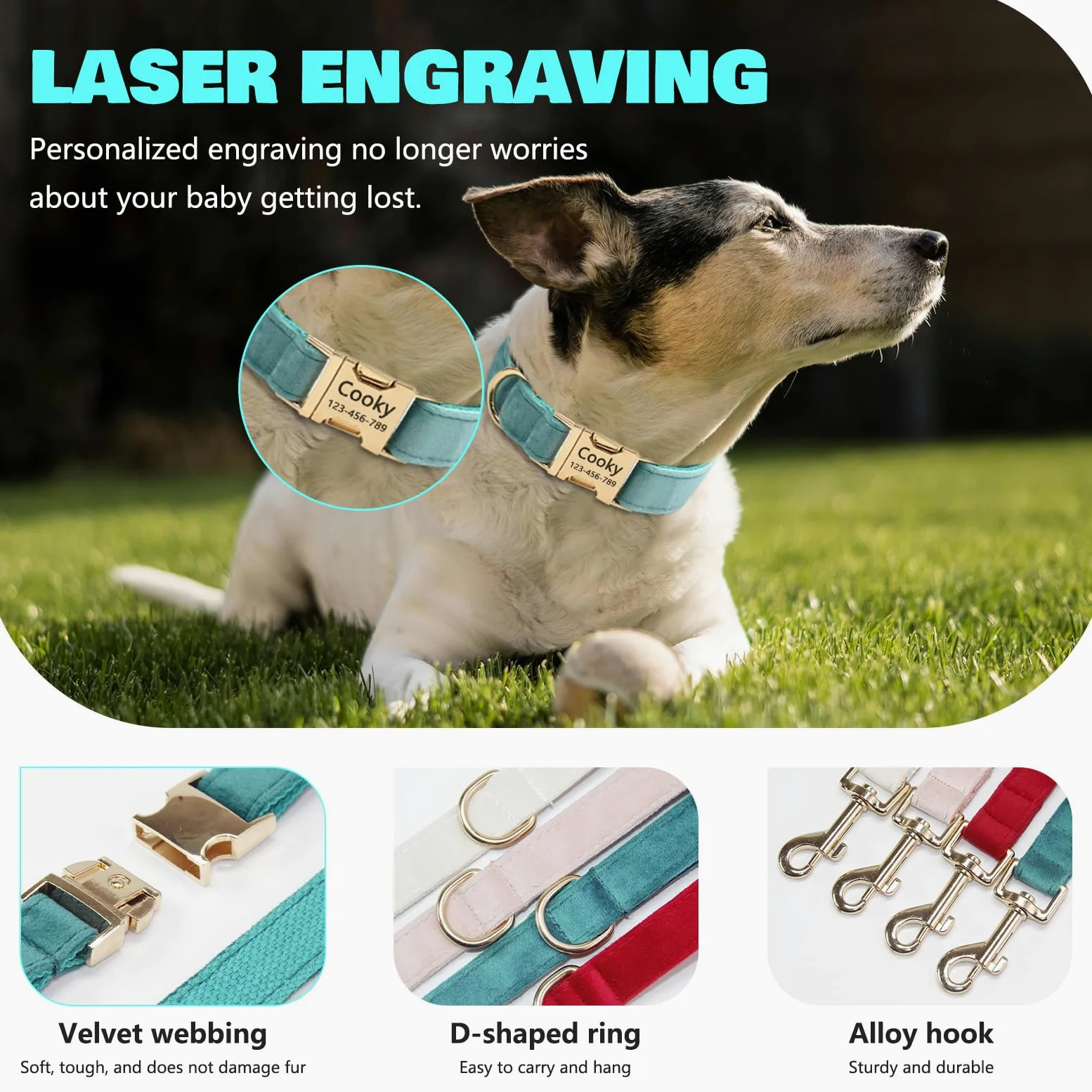 Collare per cani in velluto, personalizzato con nome, collare per cani personalizzabile con fibbia in metallo a sgancio rapido, guinzaglio e papillon disponibili (acqua di rosa, S)