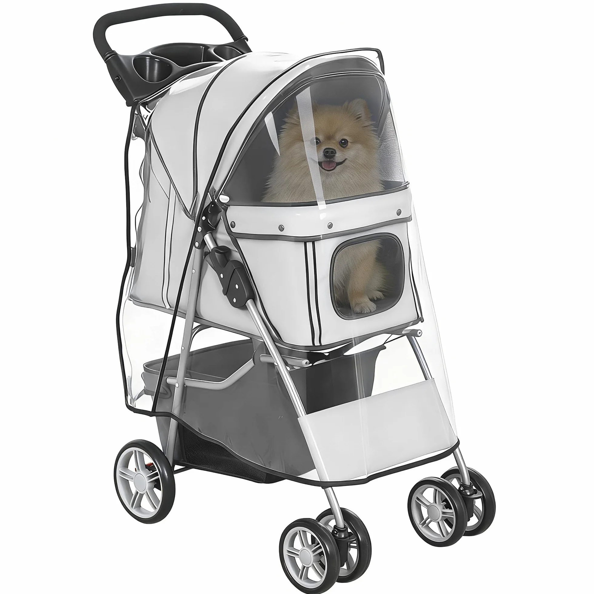 PawHut Passeggino per Cani Pieghevole, Carrozzina per Animali con Copertura Antipioggia, Catarifrangenti, Ruote Girevoli a 360°, Freni e Cuscino Lavabile, Grigio