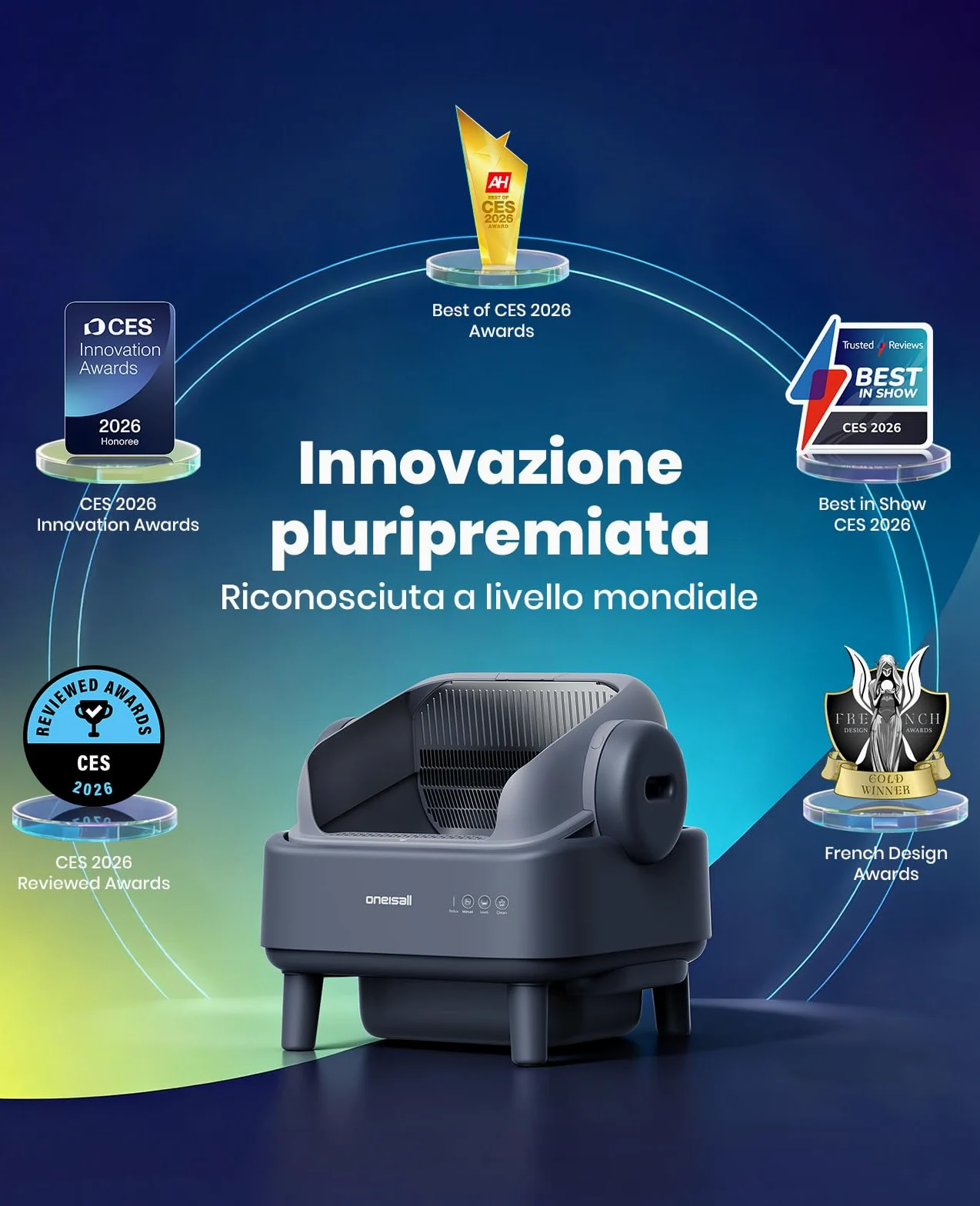 oneisall Lettiera Gatto Autopulentecon sistema EaseClean™, Lettiera Autopulente per Gatti XXL per gatti grandi, griglia in acciaio inox, modalità automatica e manuale, incl. Tappetino e 40 Sacchetti