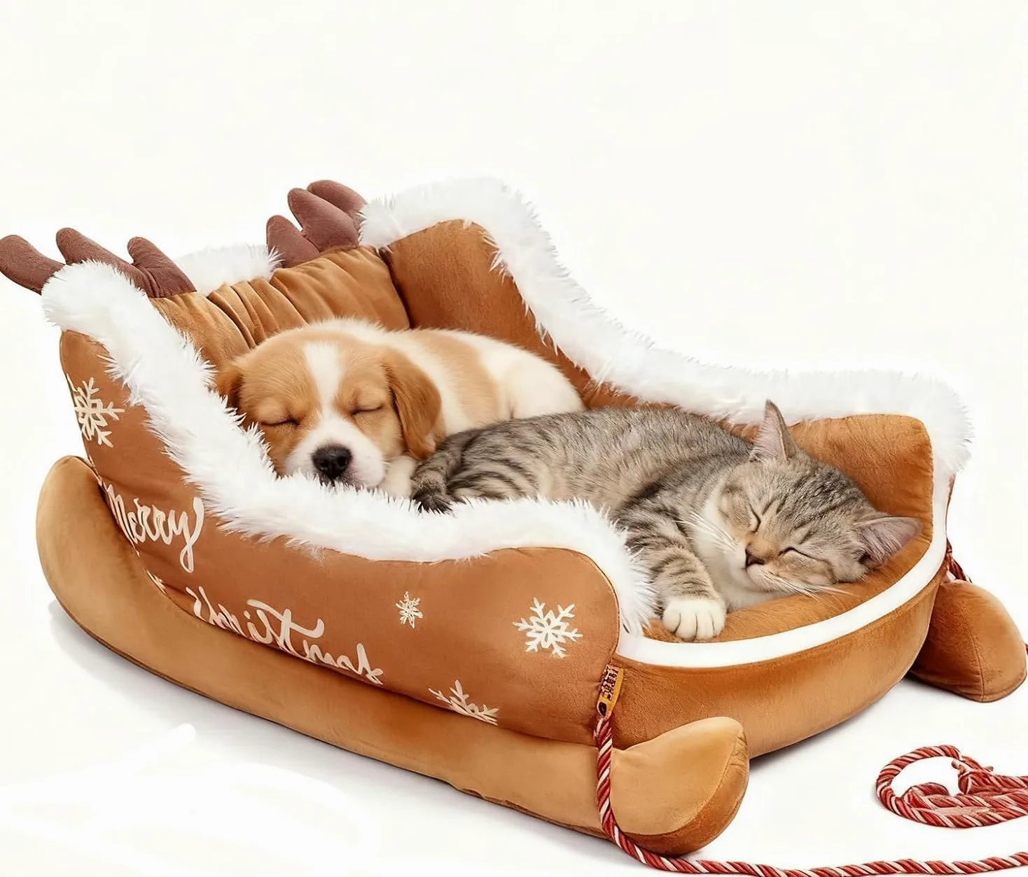 Cuccia Natalizia Cane, Letto per Gatti, Morbido Letto Festivo Natalizio per Animali Domestici, Grande Cani Forma di Slitta Natalizia, Accogliente Salotto per Animali (Brown,S)