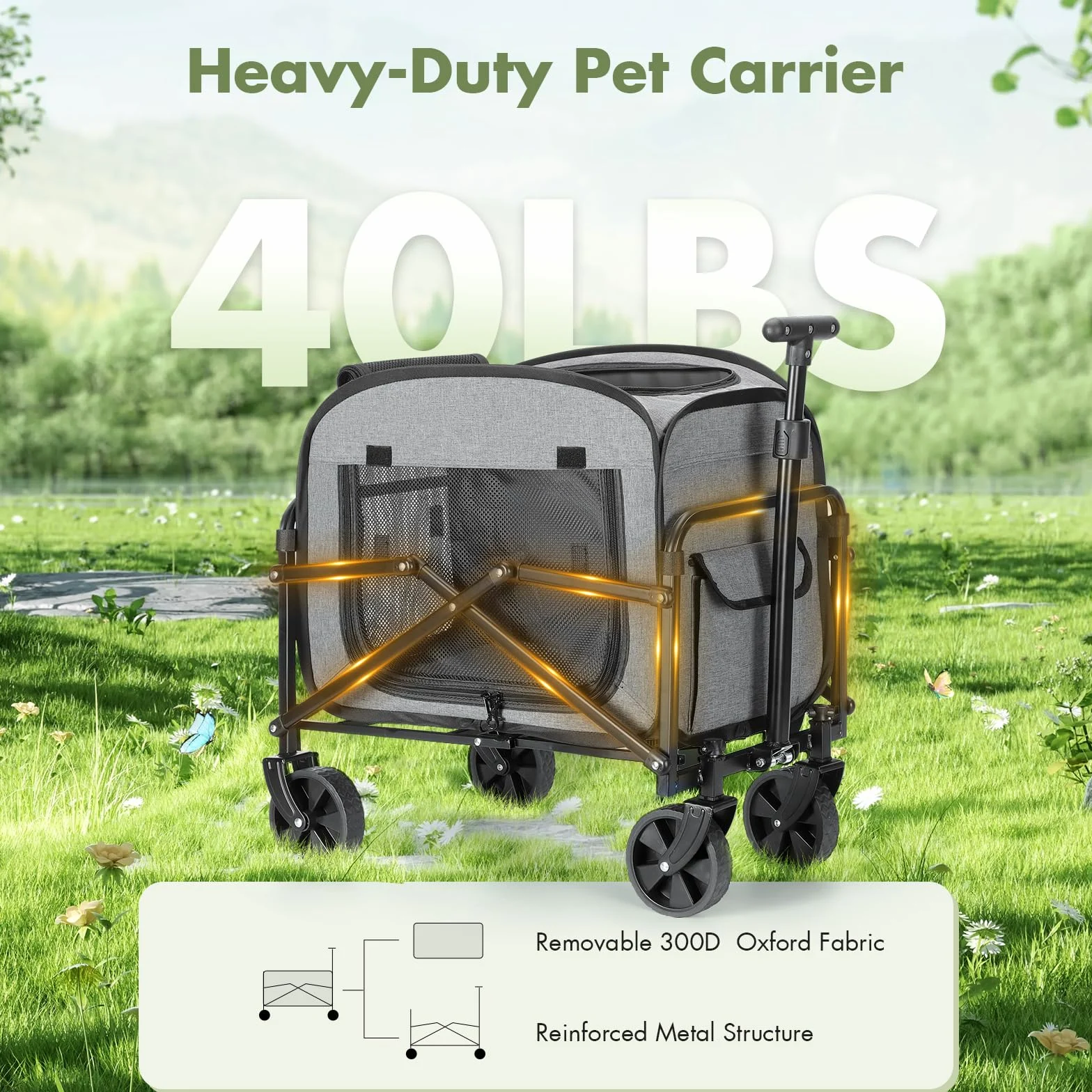 Trasportino per Cani Gatti con Ruote, Trasportino Gatto con Manico Telescopico e Base Rimovibile, Carrello Animali Rotolante Carico Massimo 18 kg con Grandi Ruote per Tutti Terreni, Grigio