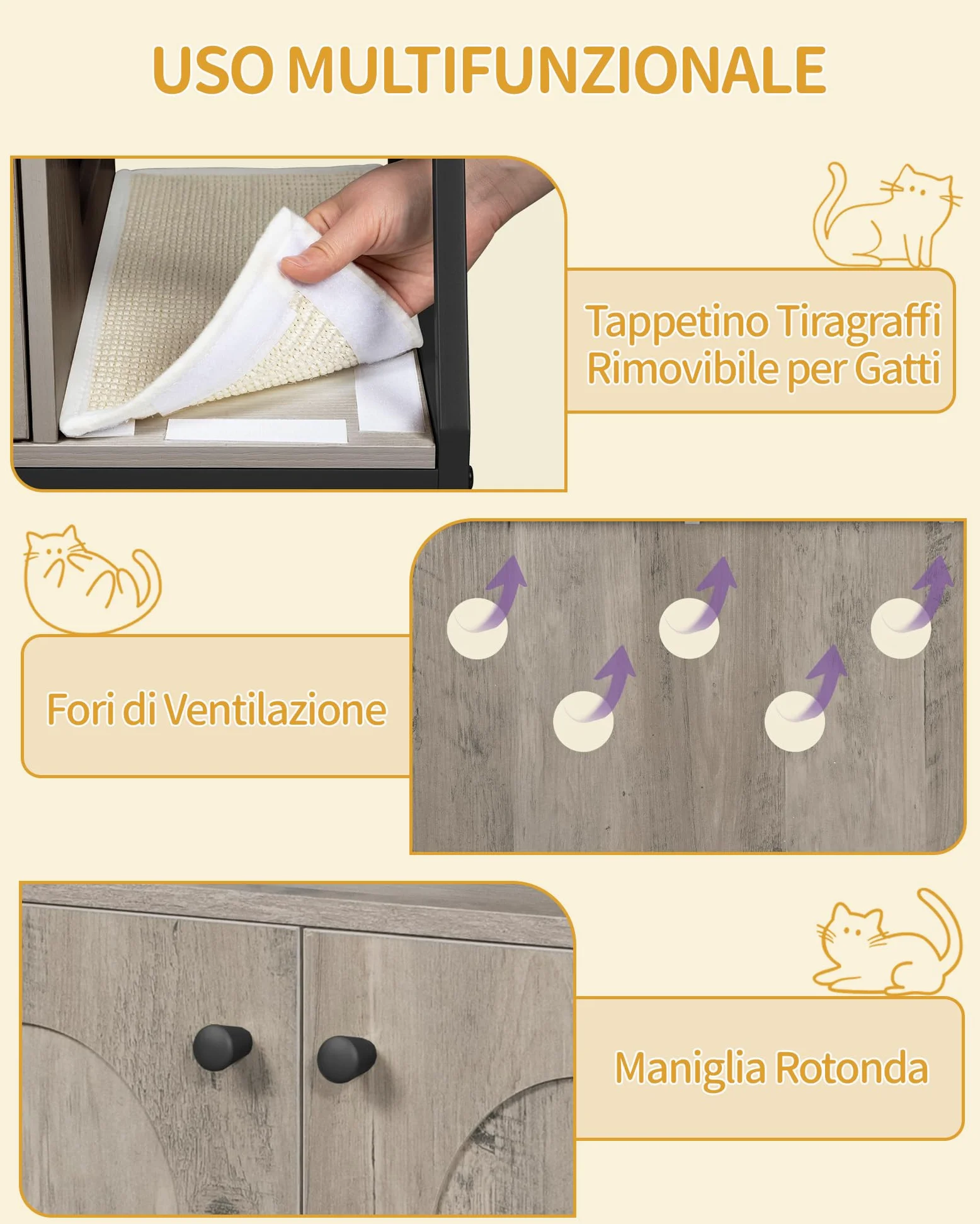 Hzuaneri Mobile Lettiera per Gatti, Cuccia per Gatti 4 in 1 Con Grande Piattaforma, Cuccia per Gatto Con Tappetino Antigraffio in Sisal, Pali, Scale E Pompon, Cuscini Lavabili, Grigio CB81005B