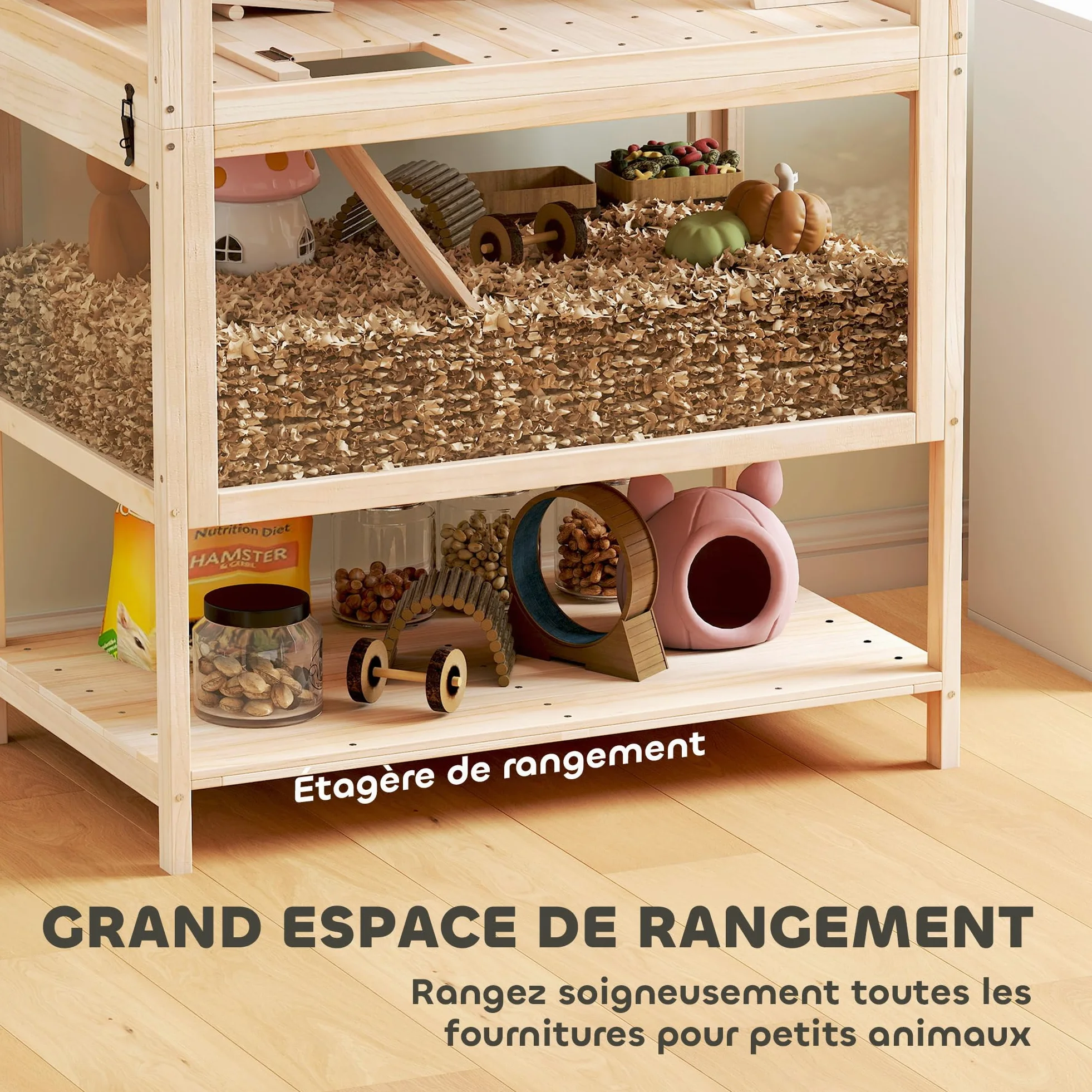 PawHut Gabbia per criceto in legno XXL – Habitat per roditori a 3 piani con pannello acrilico e ruota – Casa piccolo animale di lusso con accessori e ripiano di stoccaggio, 80 x 53 x 117 cm, effetto