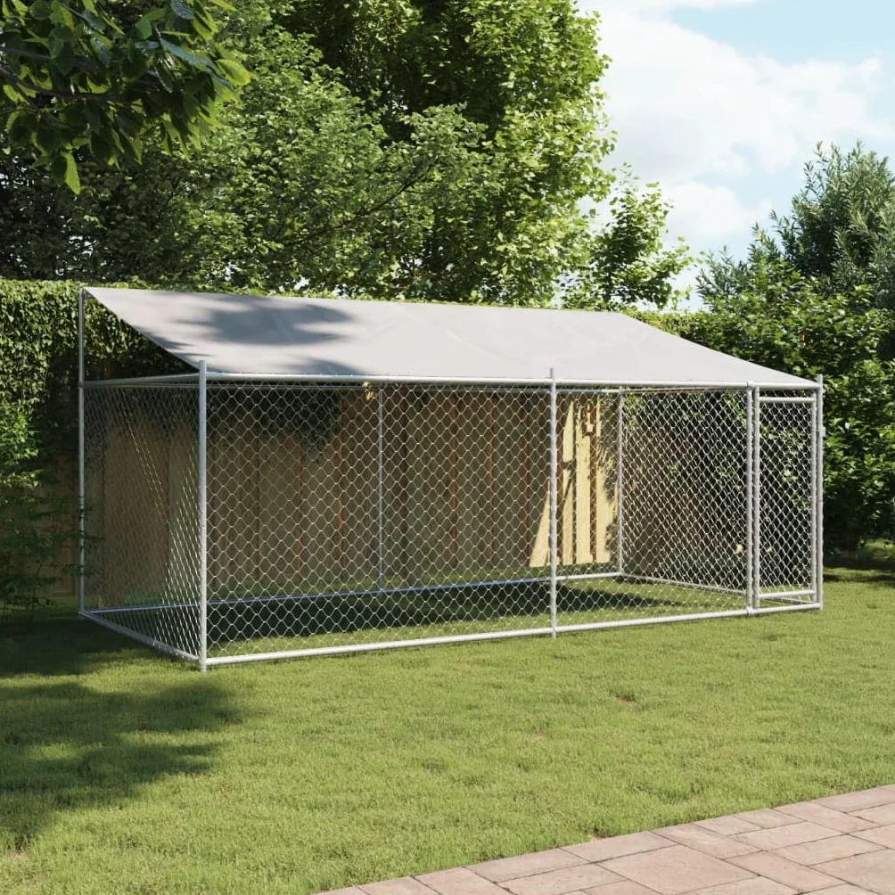 Gabbia Cane, Box per Cani da Esterno con Tetto e Porta Grigia 4x2x2 m in Acciaio Zincato