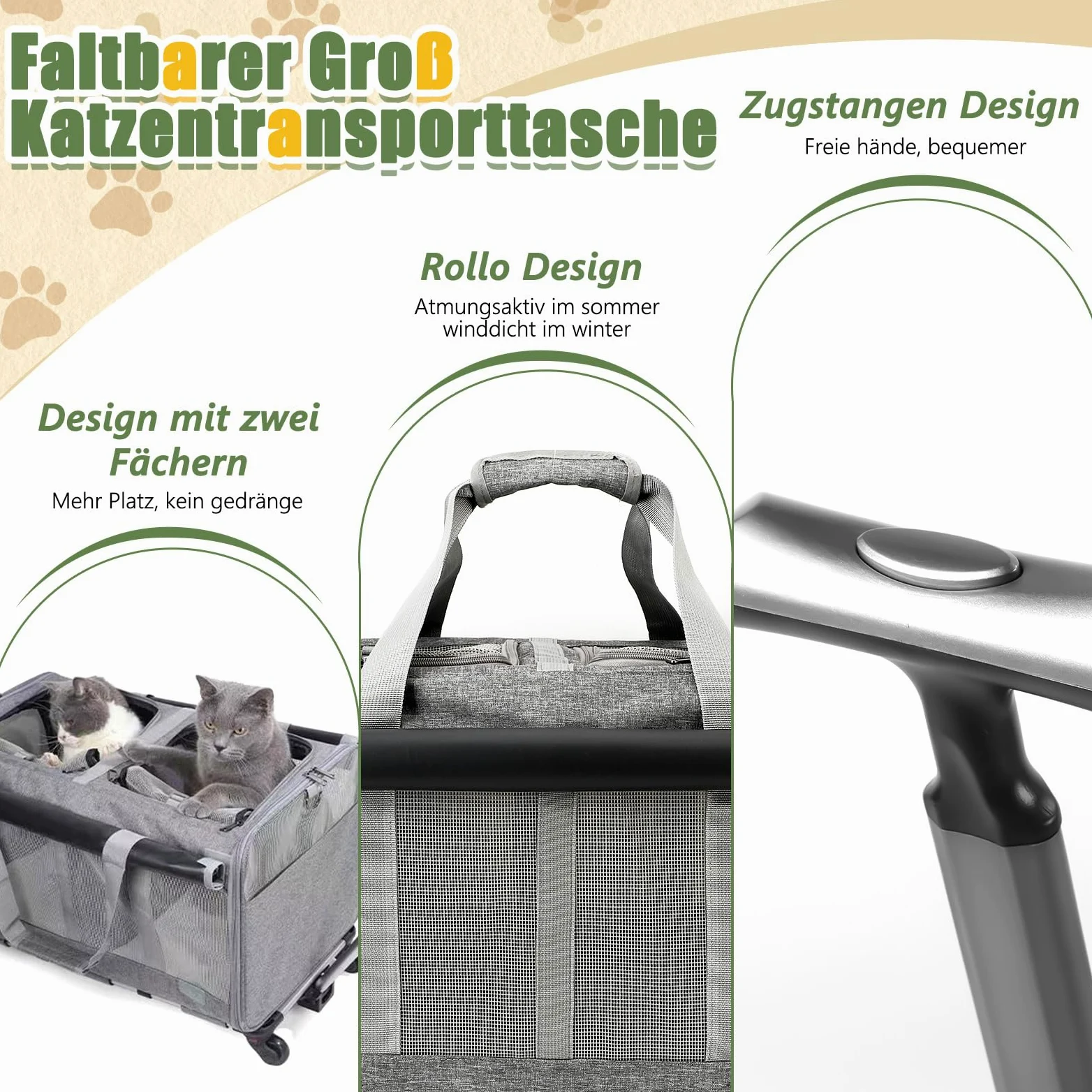 Trasportino per gatti con ruote, pieghevole, grande, per il trasporto di gatti, rimovibile, con scomparti, per 2 gatti, stile tenda ventilato