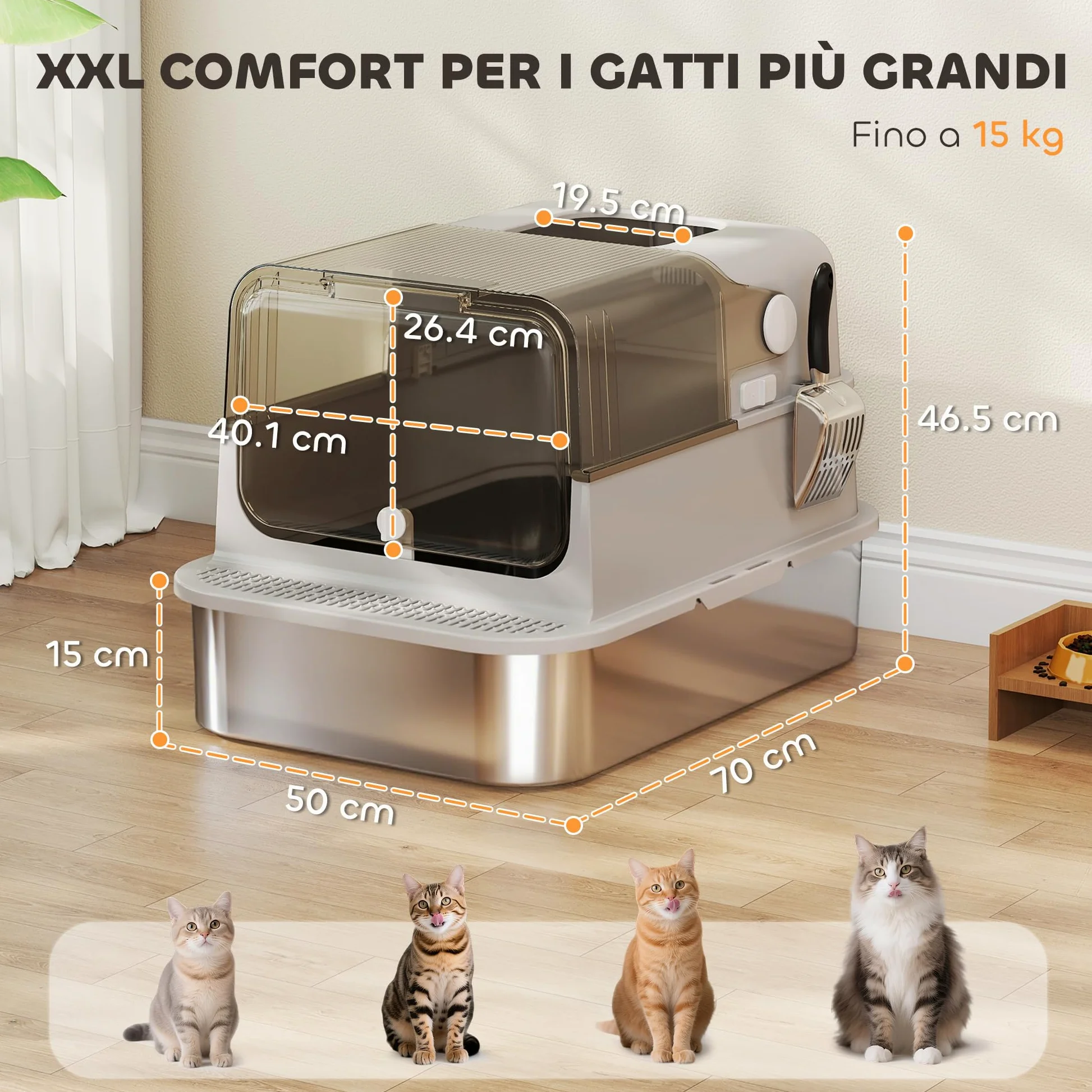 PawHut Lettiera per Gatti XXL con Coperchio in Acciaio Inox, Lettiera Chiusa con Coperchio Apribile a 90°, Doppie Porte, Paletta e Deodorante, Capacità 20 kg, 70x50x46.5 cm, Grigio