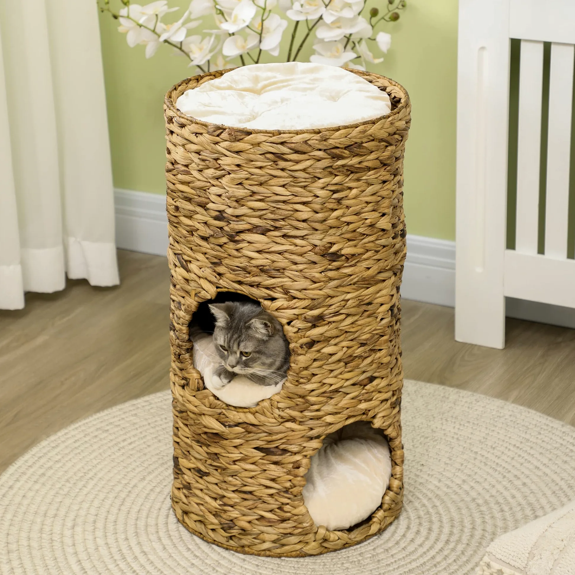 PawHut Tazzone tiragraffi alto 73 cm con 3 grotte, albero tiragraffi con cuscino, torre per gatti in giacinto d'acqua, per gatti fino a 3,5 kg, marrone chiaro