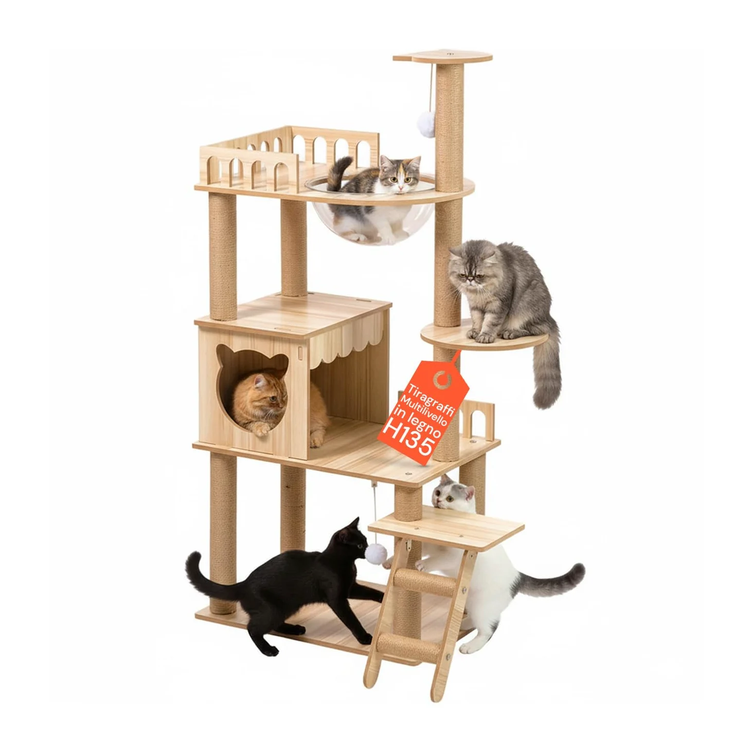 Avilia - Tiragraffi per Gatti Multilivello con Cuccia, Piattaforme in MDF e Colonne in Sisal, H135 cm, con Amaca Trasparente e Pallina Pendente, per Gioco, Relax e Osservazione