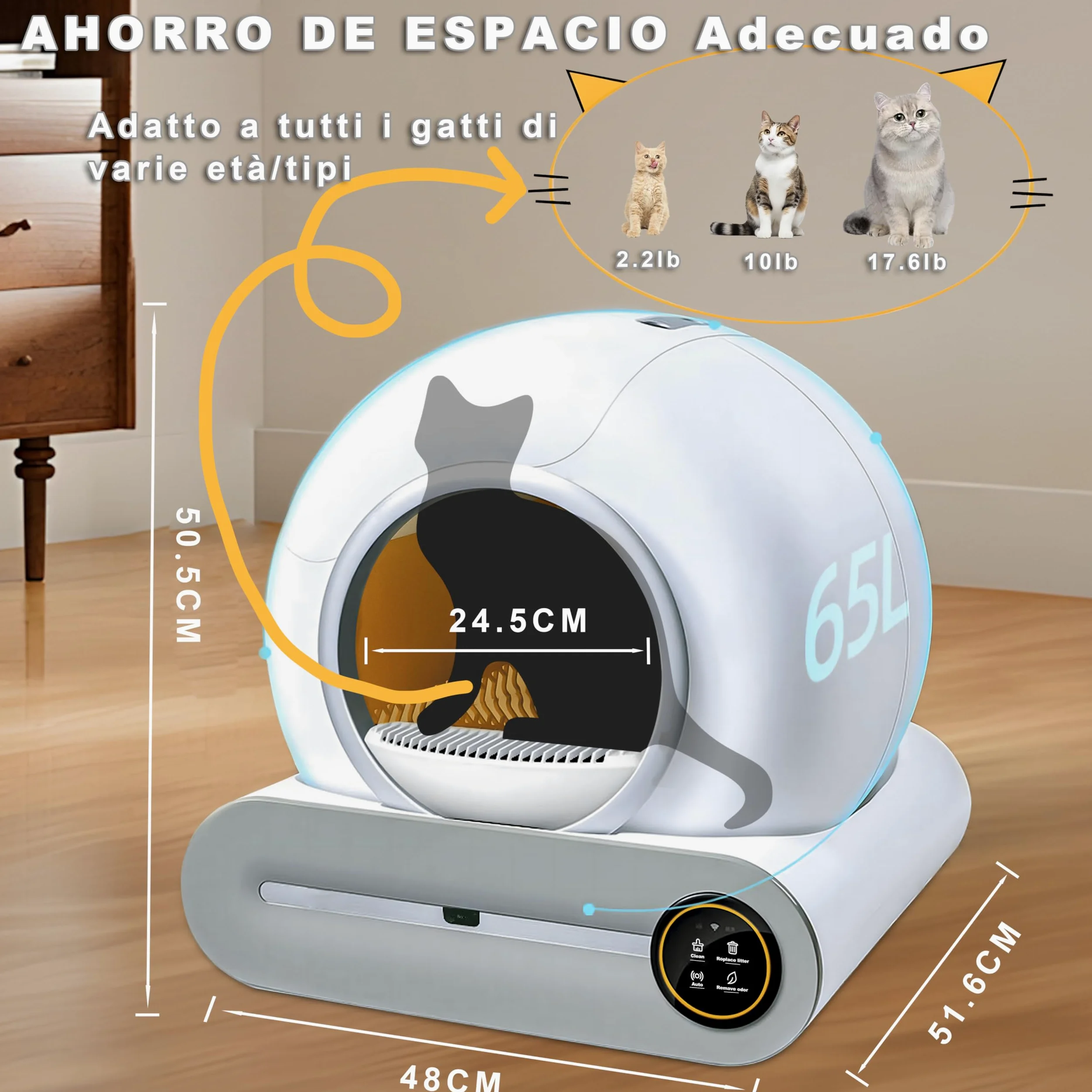 Lettiere Autopulenti Gatti 65L + 9 L con 5 Sacchi Spazzatura e Tappetini Lettiera Gatti, Controllo APP, Deodorante Ionico Lettiera Autopulente per Gatto (A)
