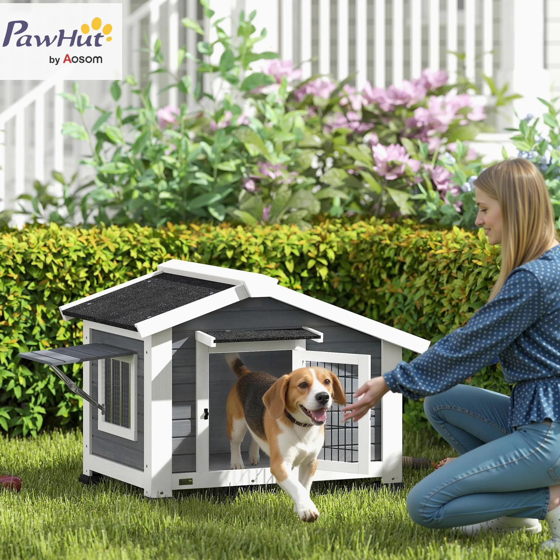 PawHut Cuccia per Cani da Esterno in Legno, Casetta per Cani Rialzato con Tetto Spiovente Impermeabile, Finestra Apribile, Facile Pulizia, Porta Ventilata, per Cani Piccola Media, 98x76x69.5cm