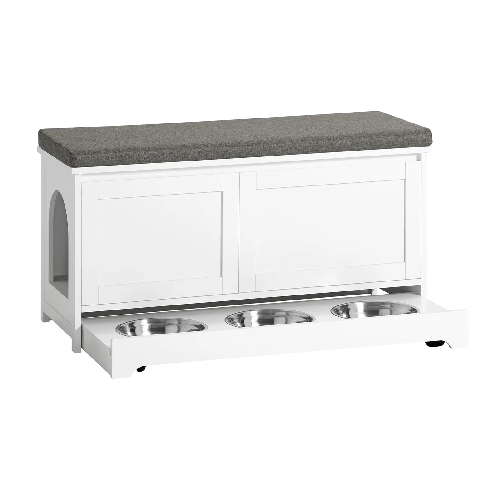 SoBuy Cuccia per gatti con ciotola per gatti in acciaio Inossidabile Panca con seduta Casetta per gatti Bianco 90x36x44cm FSR136-W