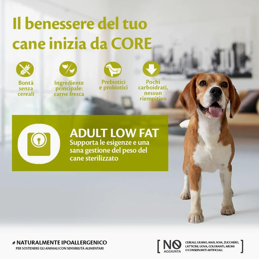 Wellness CORE Low Fat 10 kg, Tacchino – Crocchette Per Cani | Cibo Secco Per Cani Medi & Grandi, Senza cereali, Naturale, Ipoallergenico, Ricco di Proteine e Carne, Per un Peso Ideale