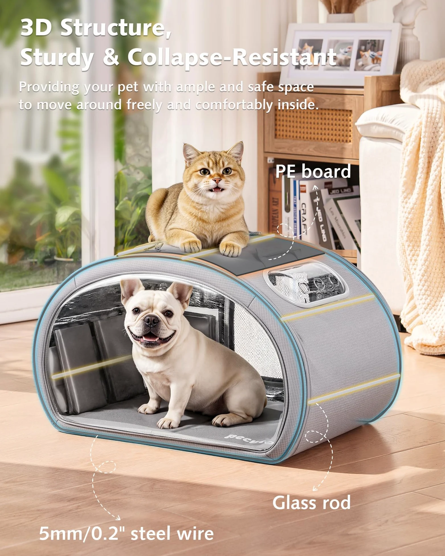 Pecute Cuccia Rinfrescante per Gatti, Tappetino Rinfrescante Cani Piccoli, Isolamento Termico 6 Bustine Ghiaccio Integrate, Pieghevole Finestra Trasparente Int/Est, Animali <8kg, L, Gray
