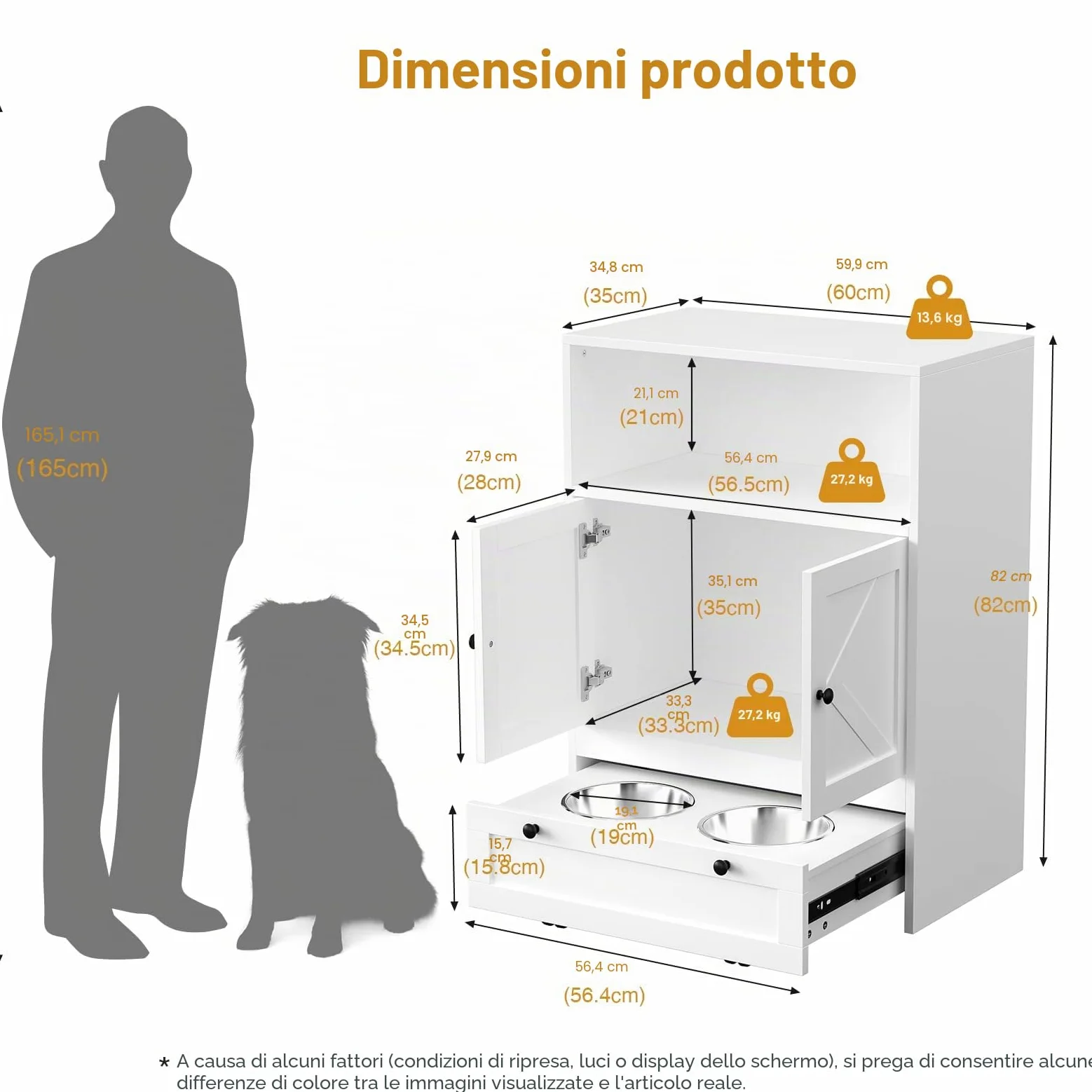 Mangiatoia per cani con 2 ciotole in acciaio inox, 60 x 35 x 82 cm, armadietto per animali domestici con ripostiglio, armadietto per animali domestici 2 in 1 e stazione di alimentazione, ciotola per