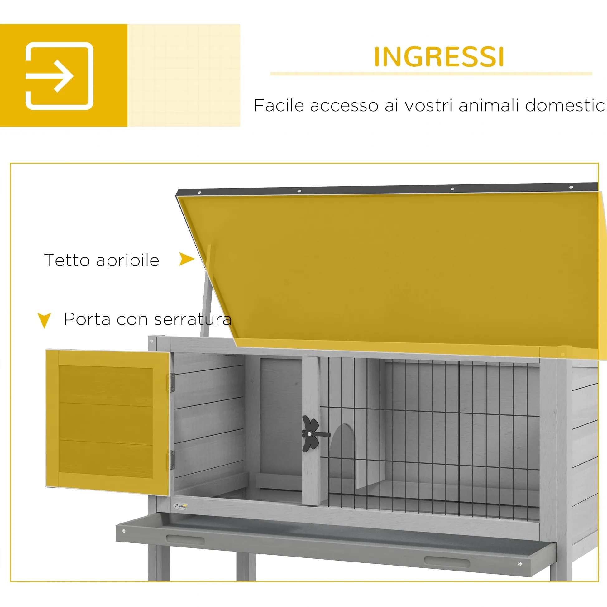 PawHut Conigliera Rialzata in Legno da Esterni con Tetto Apribile, Gabbia per Conigli con Vassoio Estraibile, 84x43x70cm