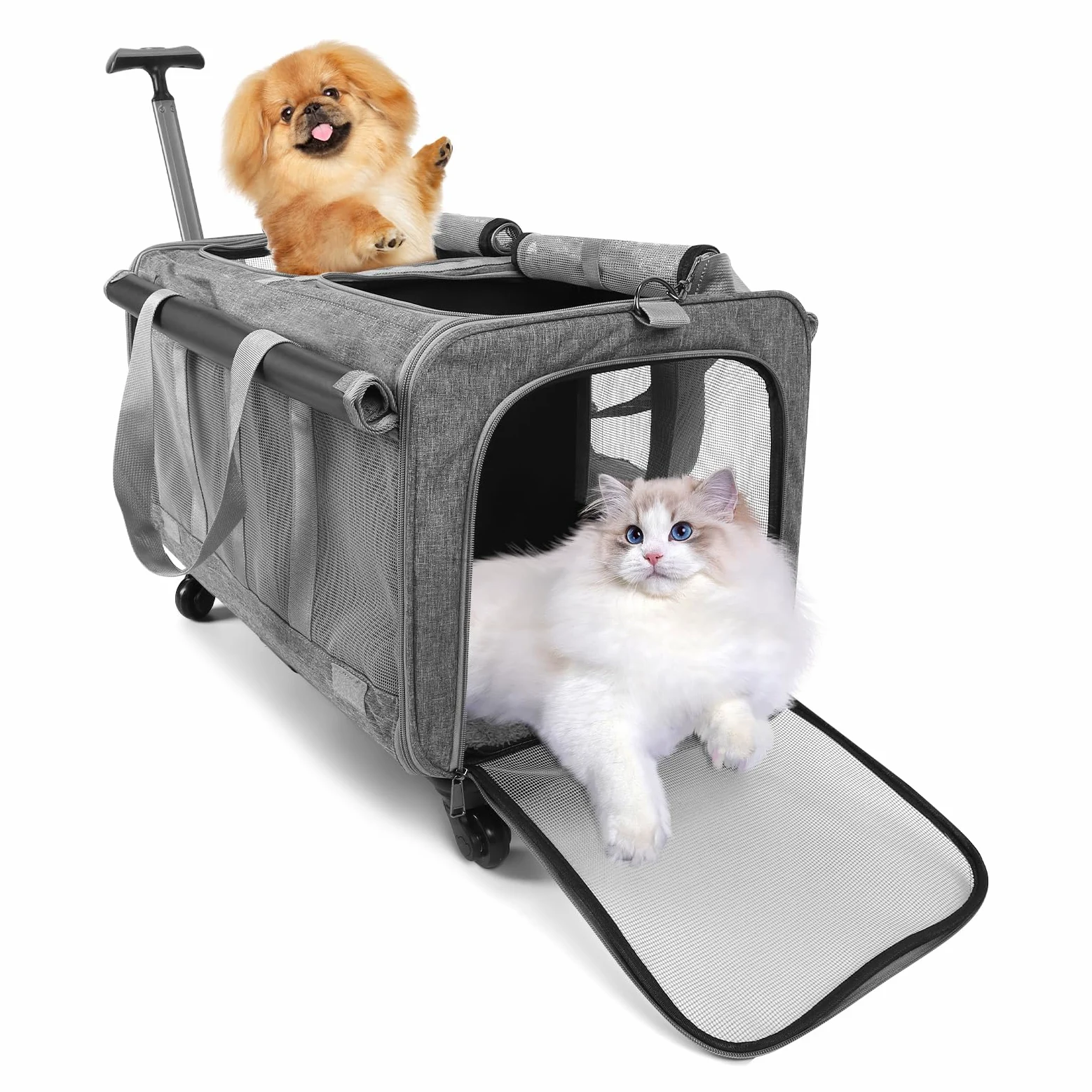 Trasportino per gatti con ruote, pieghevole, grande, per il trasporto di gatti, rimovibile, con scomparti, per 2 gatti, stile tenda ventilato