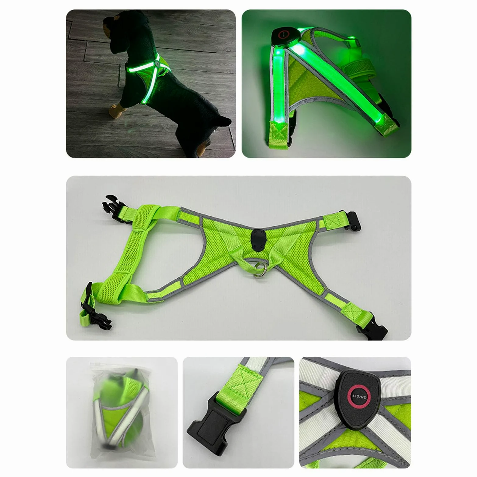 Imbracatura da addestramento per cani regolabile ricaricabile tramite USB con luce a LED per passeggiate, nuoto, escursionismo