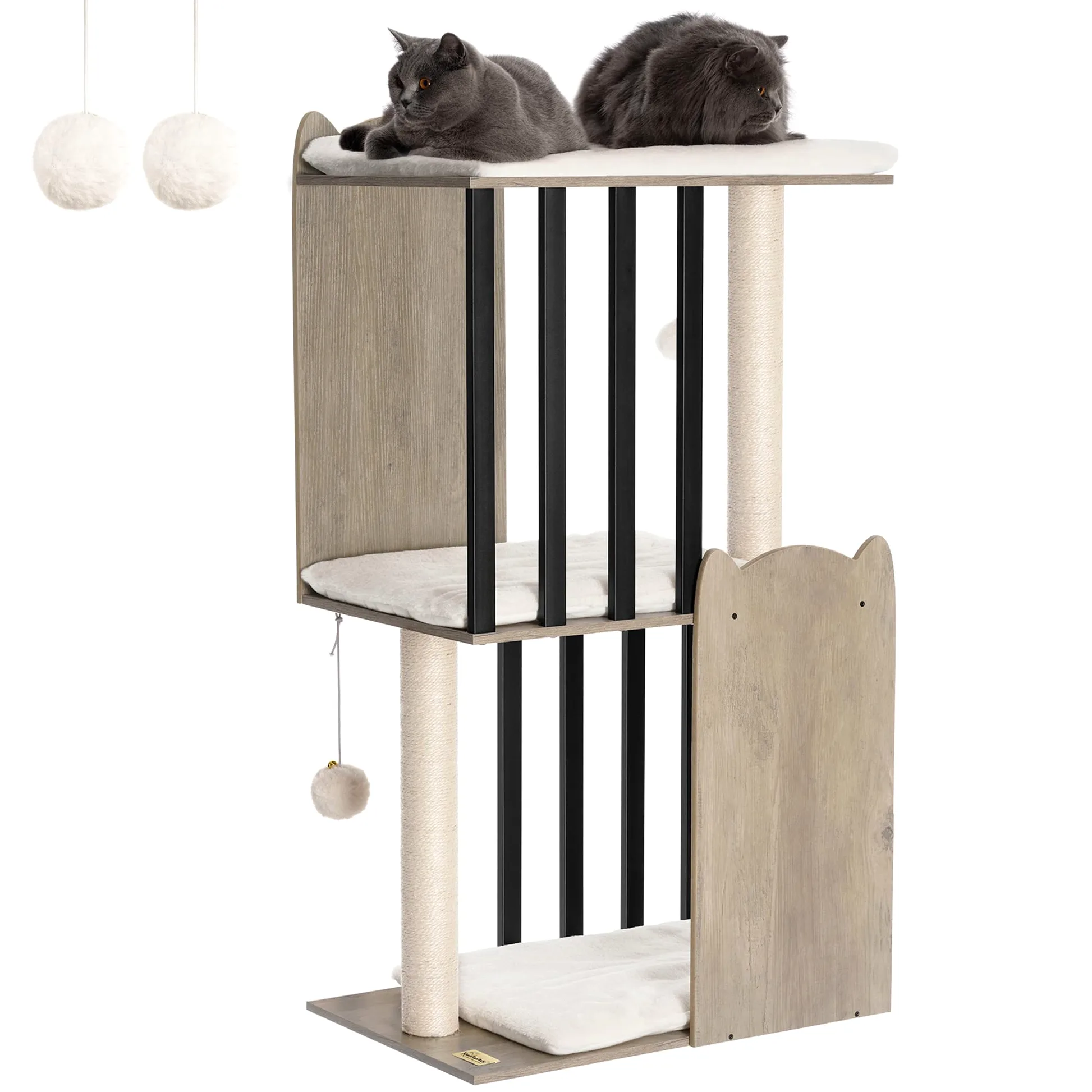 FourFurPets 3-Tier Modern Albero per Gatti Alto 111 cm, Tiragraffi per Gatti, con 2 Pali Graffiatoi in sisal, 3 Piattaforma Grande, Pompon, Greige