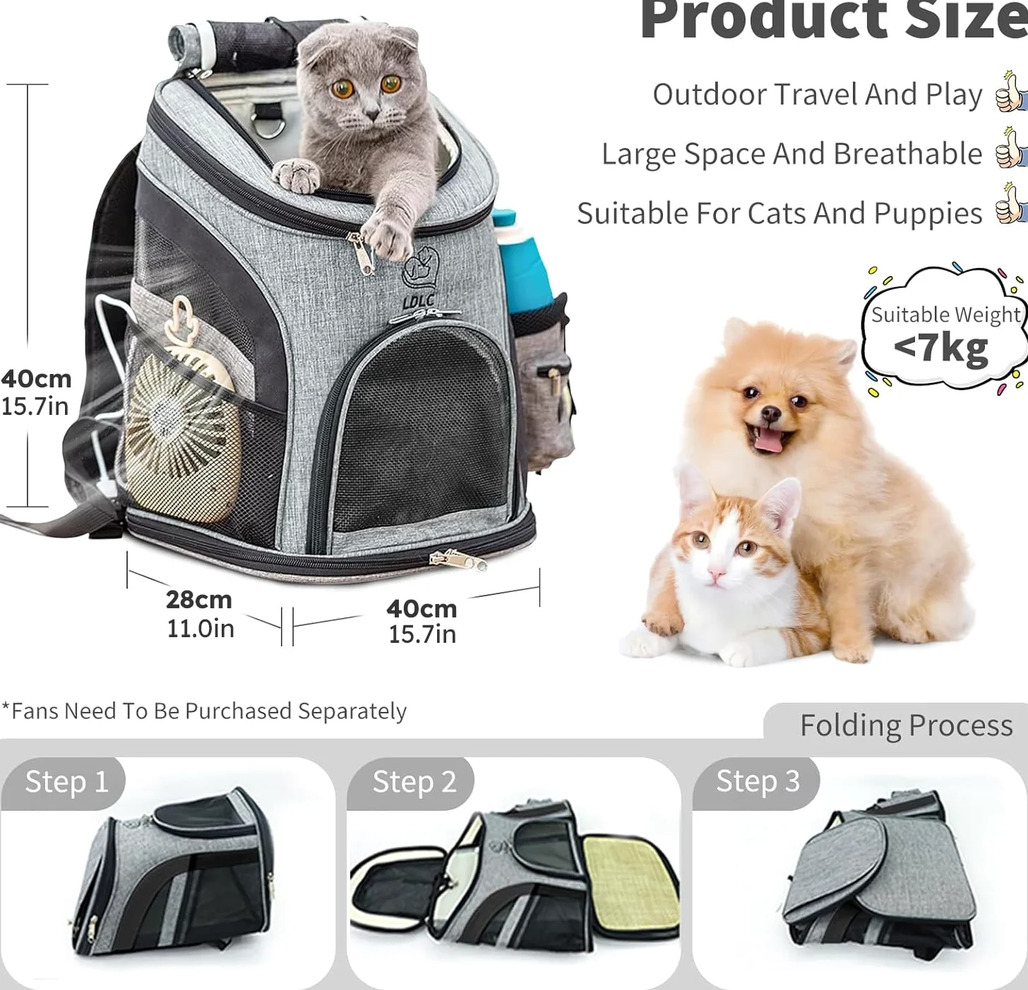 PETCUTE Zaino per Cani Traspirante,Borsa Trasportino Gatti con Cinturino di Sicurezza,Zaini Trasporto Cane Portatile con Tasche Laterali,Regolabile Zaino Gatto per Viaggio Campeggio