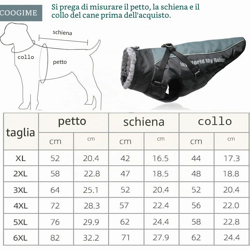 Cappotto per cani per cani di taglia media e grande, cappotto impermeabile per cani, giacca invernale riflettente per cani, abbigliamento per cani per l'inverno (XL-6XL) (nero, 6XL)