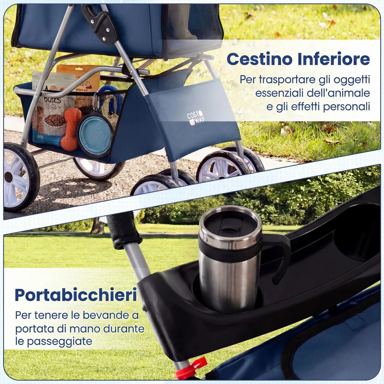 COSTWAY Passeggino per Cani Piccoli Pieghevole Facile, Carrozzina per Cani Portata Fino a 15 kg con Rete Traspirante e Copertura Impermeabile, Passeggino per Gatti per Viaggio (Blu)