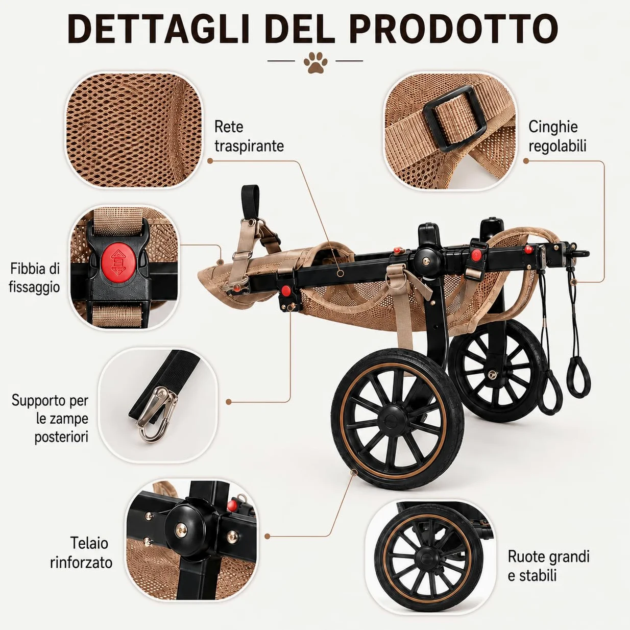 Carrellino per Cani Regolabile, Zampe Posteriori，XL | Telaio in alluminio, ruote ammortizzate, design igienico aperto e fibbia rapida. Allevia l'artrosi senza stress.