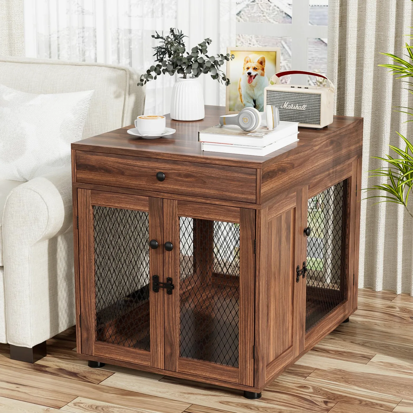 VOWNER Mobili per Cuccia per Cani, Gabbia in Legno a 3 Ante con Cassetto, Cuccia Moderna con Tavolino, 60 x 80 x 69 cm, per Cani di Piccola/Media Fno a 30 kg, Marrone Noce