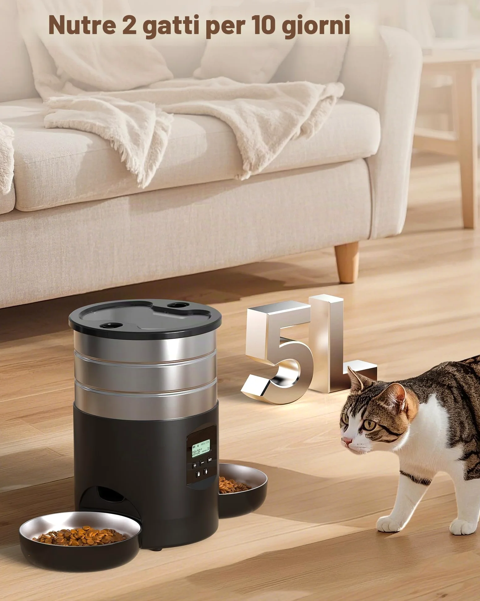 Distributore Automatico Cibo Gatti Doppio: Dispenser Crocchette Gatto Acciai Inossidabili - Erogatore Cibo Cani con Timer Programmabile - 5L Dosatore Crocchette - Mangiatoia Automatica con 2 Ciotola