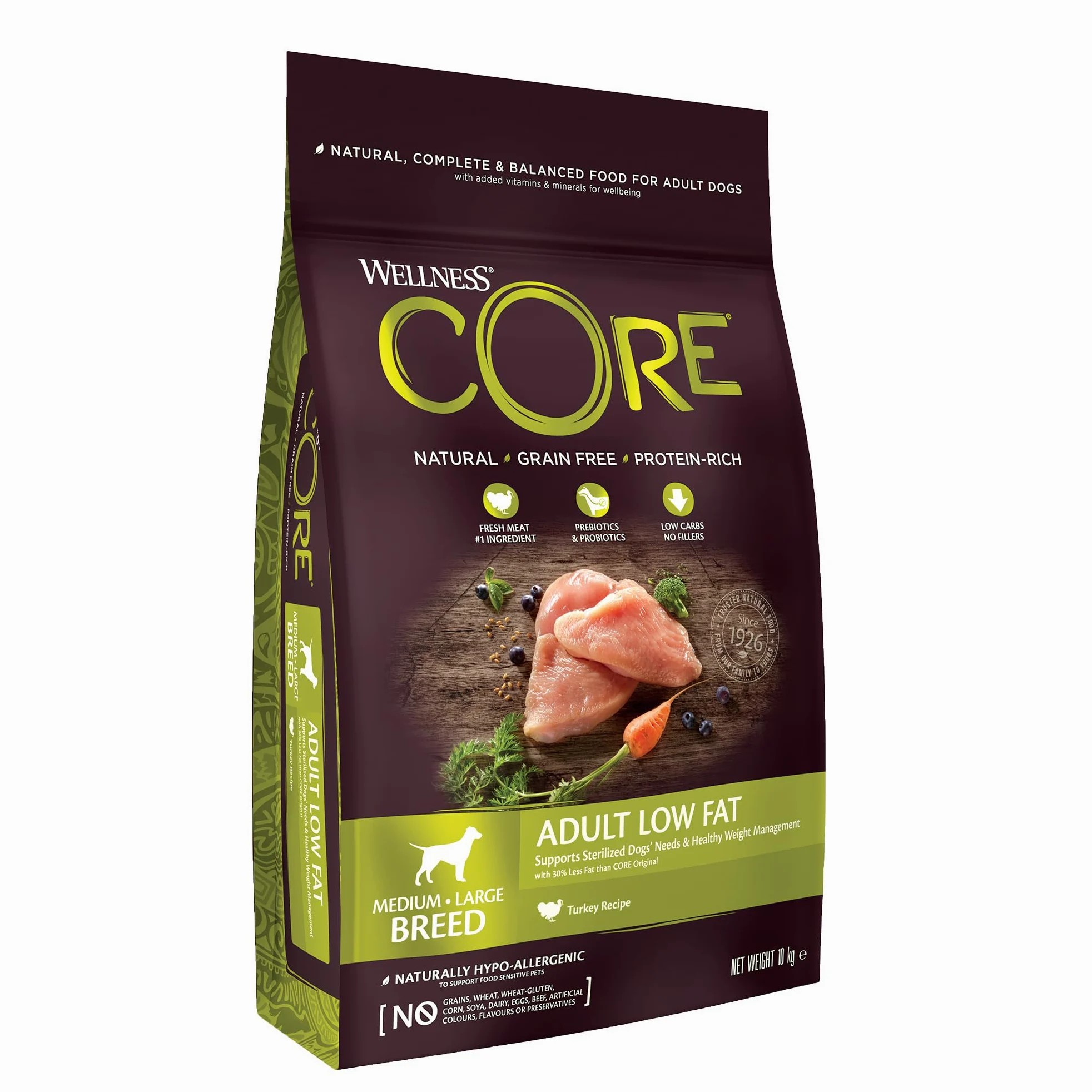 Wellness CORE Low Fat 10 kg, Tacchino – Crocchette Per Cani | Cibo Secco Per Cani Medi & Grandi, Senza cereali, Naturale, Ipoallergenico, Ricco di Proteine e Carne, Per un Peso Ideale
