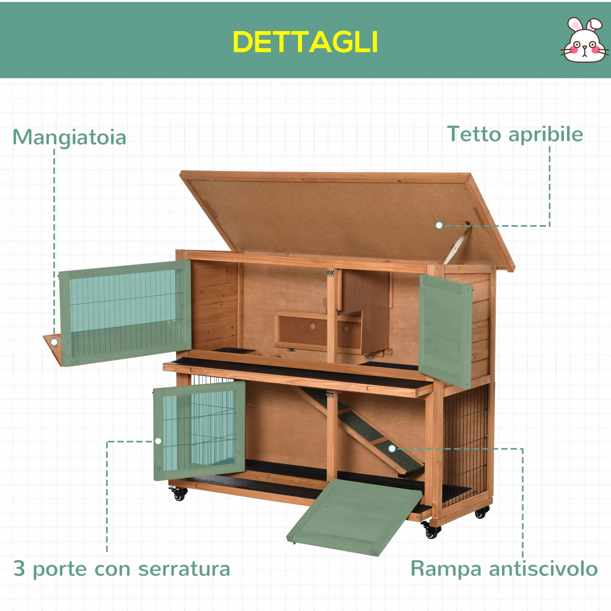 PawHut Conigliera in Legno a 2 Livelli con Ruote, Casetta per Conigli e Porcellini d'India con Vassoio Estraibile e Rampa, Arancione,122x50x101cm