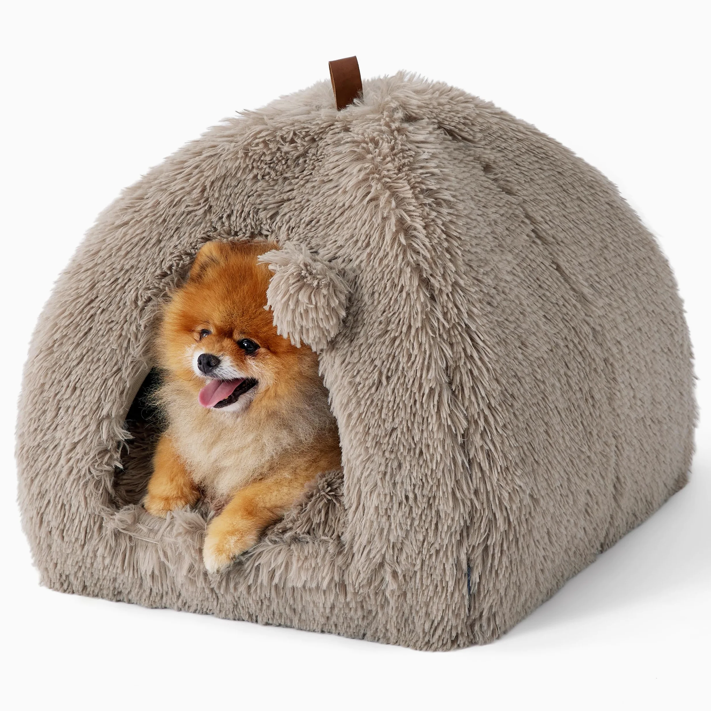 Bedsure Cuccia per gatti grande - 44x44x44 cm Casetta per gatti in peluche per interni con cuscino rimovibile e giocattolo appeso, lettino per gatti lavabile, cammello