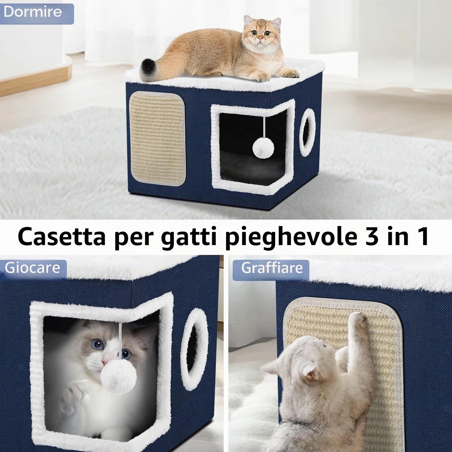 Cuccia per gatti pieghevole per Gatti indoor, 43*43*32 cm, grande cuccia per gatti con accogliente cuccia, palla sospesa, finestra rotonda, cubo per gatto a 2 strati con morbidi cuscini bifacciali,Blu