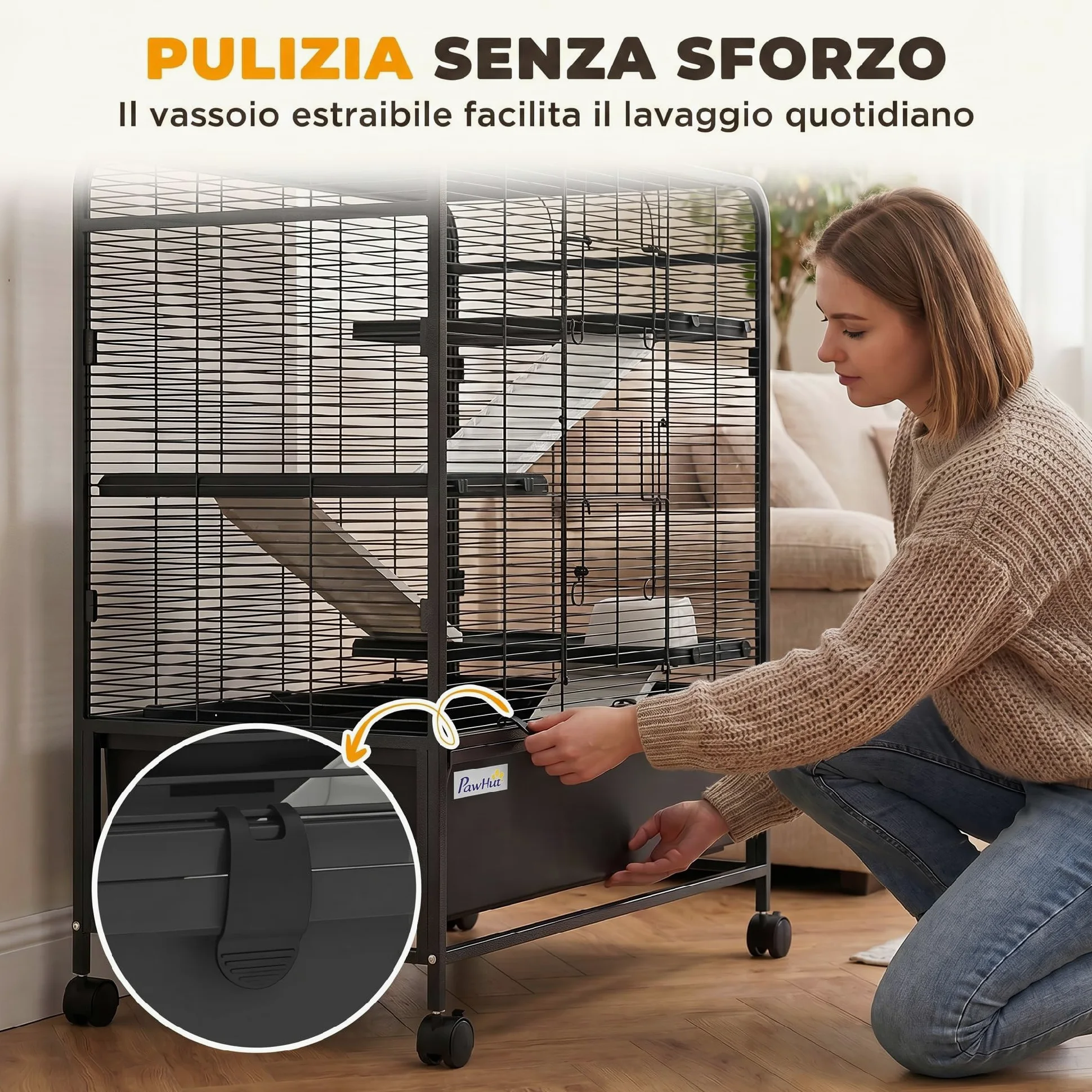 PawHut Gabbia per Conigli in Acciaio a 4 Livelli con Piattaforme, Rampe, Ruote, Serbatoio Acqua, Ciotola e Vassoio Rimovibile, Gabbietta per Criceti, Porcellini d'India, Furetti, 75x46x94.5 cm, Nero