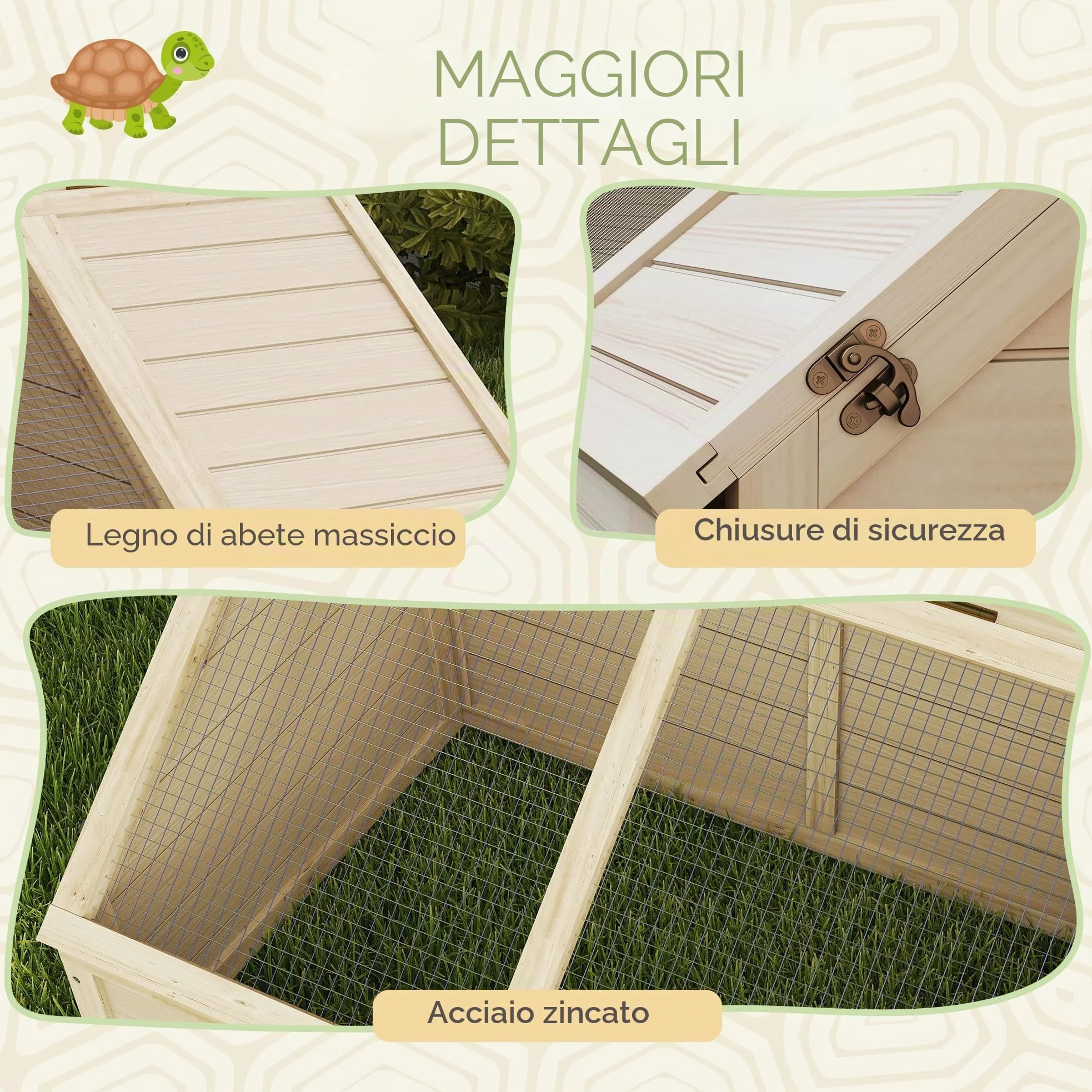 PawHut Casa in Legno per Tartarughe, recinto esterno per piccoli animali con coperchio apribile, fermi e 2 spazi separati, senza fondo, 120 x 55 x 50 cm, legno naturale