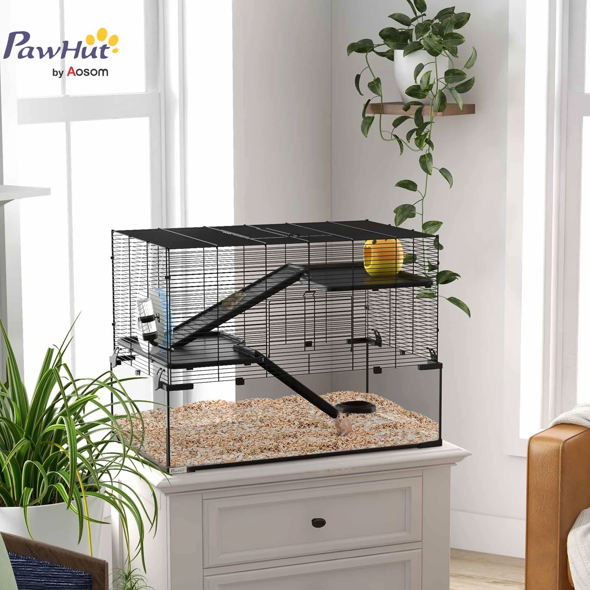 PawHut Gabbia per Criceti, Gabbietta per Criceti, Gerbilli e Piccoli Animali in Filo d'acciaio e Vetro con Ruota, Piattaforme, Rampe, Base Rimovibile, Beverino e Mangiatoia, 76.5x48.5x54.5 cm, Nero
