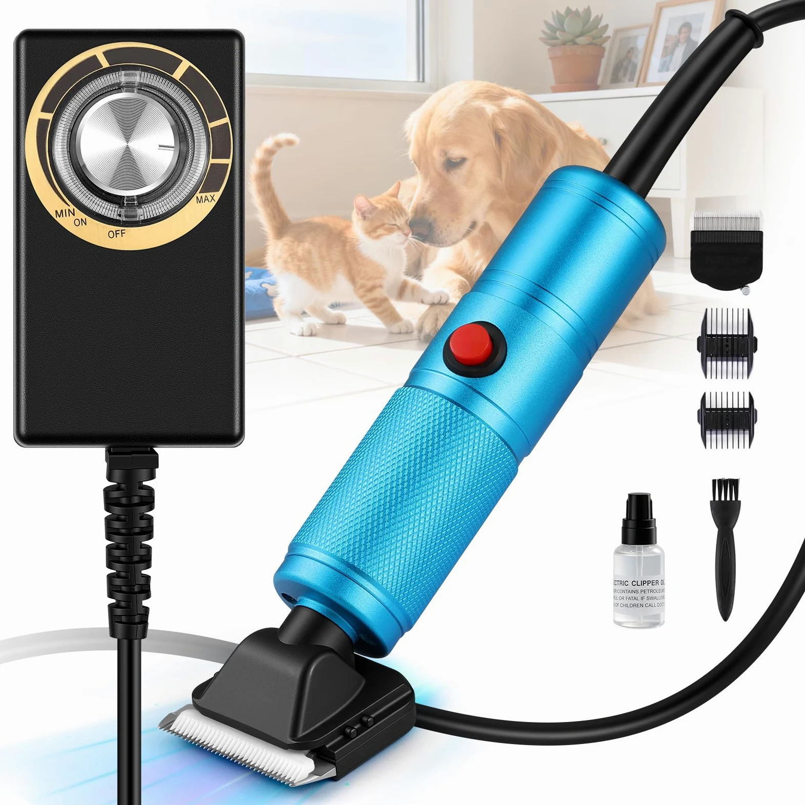 Moongiantgo Tosatrice per Cani Professionale da 300W, Controllo della Velocità 2000-6000RPM, Lame in Ceramica Rimovibili, Rasoio per Cani con 1 Lama Extra & 2 Pettini (Blu)