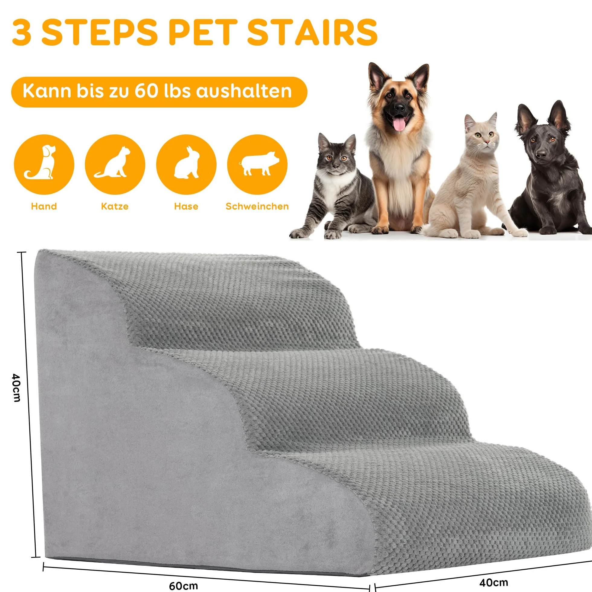 YunNasi Scaletta per Cani per Letto/Divano 3 Gradini, 60 * 40 * 40cm | Rampa Antiscivolo per cani, Scala per Cuccioli, Schiuma ad Alta Densità, Copertura Rimovibile, Pendenza Delicata