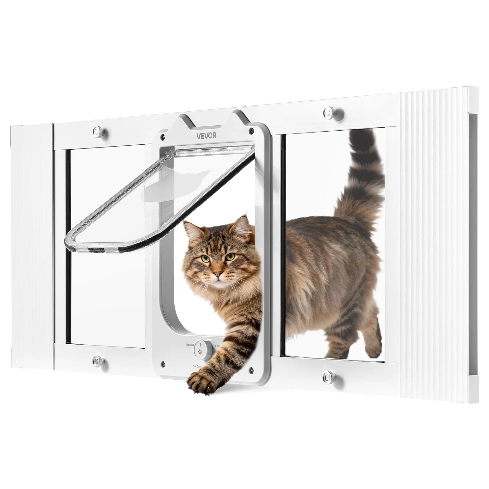 VEVOR Porta per Gatti per Finestra Regolabile Finestre di Larghezza da 788 a 915 mm, 4 Modalità di Chiusura di Sicurezza, Telaio in Alluminio e Vetro ad Alta Trasparenza, Chiusura Magnetica, Bianca