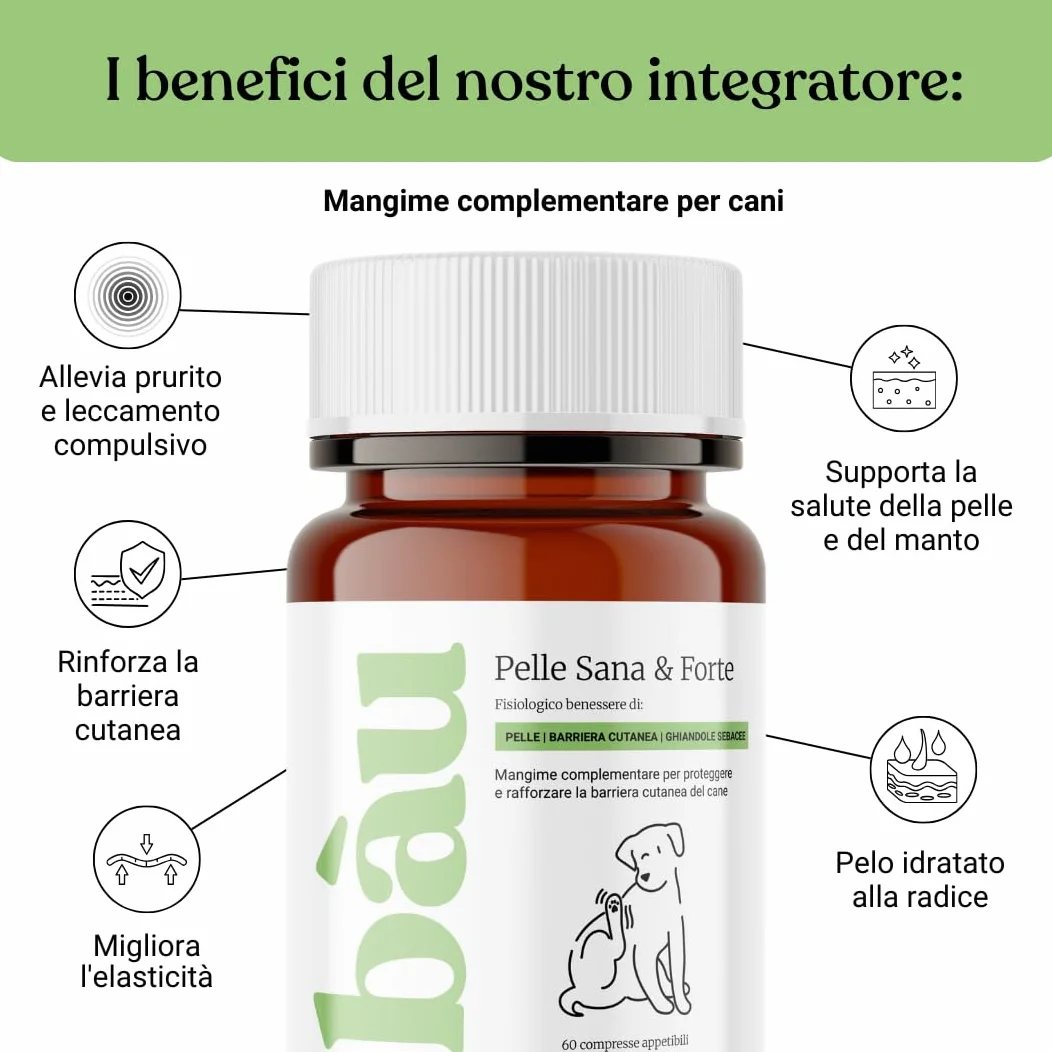 Bau Rimedio Dermatite Cane Anti-Prurito Allergie Stagionali, Alleviano il Prurito Cane, Ingredienti Naturali per la Salute della Pelle del Cane, Ideale per Cani con Pelle Arrossata -60cps