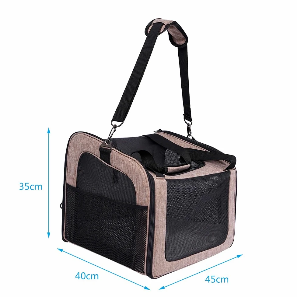 Trasportino per cani e gatti, borsa porta-cane traspirante per animali domestici, trasportino da viaggio con ventilazione, tasche laterali, due porte con tracolla per auto (Marrone, 35x40x45cm)
