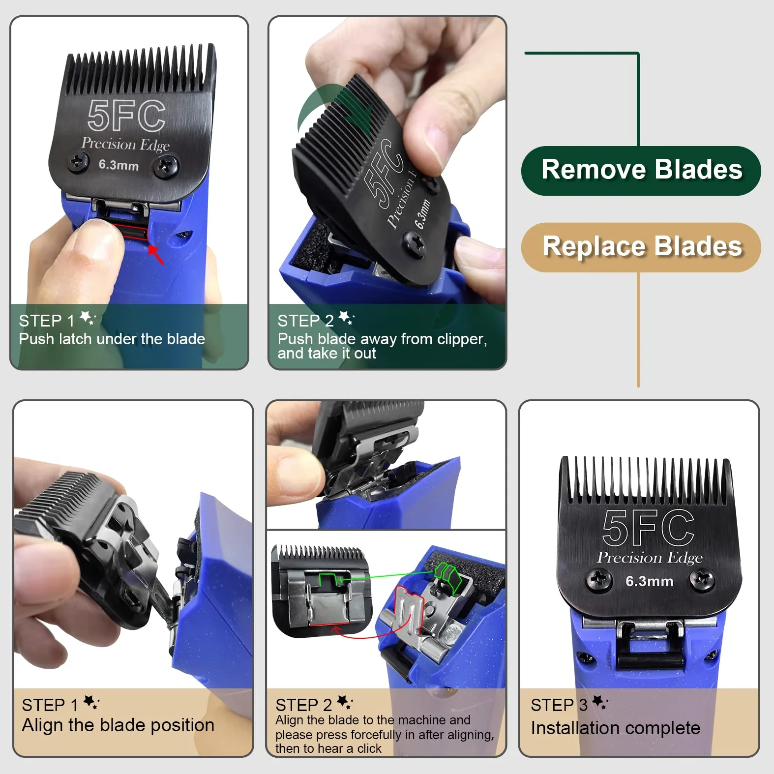 Lame Staccabili in Acciaio Inossidabile per toelettatura Cani da Compagnia 7FC/5FC/4FC/3FC,compatibili con la Serie Heiniger/Andis/Oster A5/Wahl KM10,4 Pezzi Colore Nero