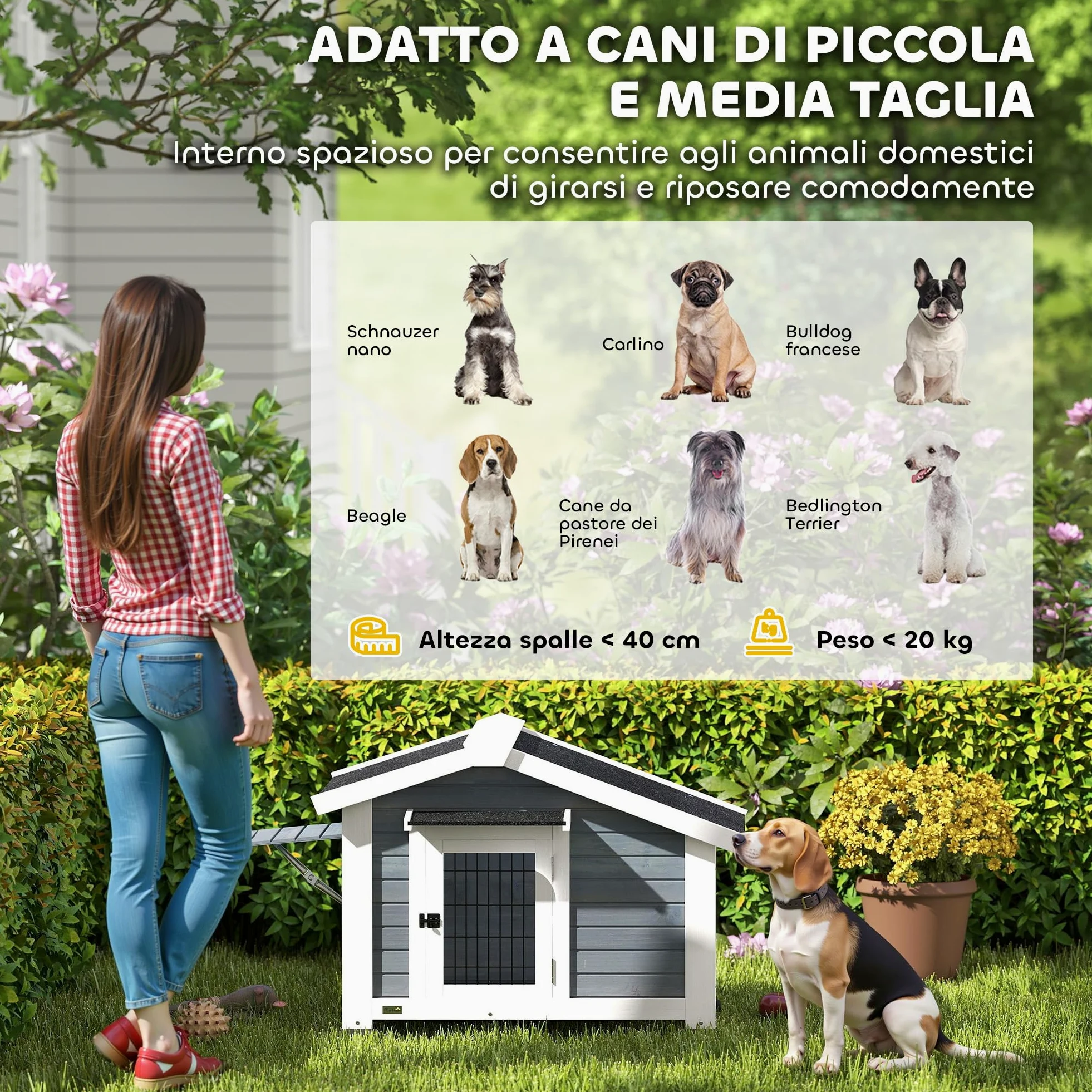 PawHut Cuccia per Cani da Esterno in Legno, Casetta per Cani Rialzato con Tetto Spiovente Impermeabile, Finestra Apribile, Facile Pulizia, Porta Ventilata, per Cani Piccola Media, 98x76x69.5cm